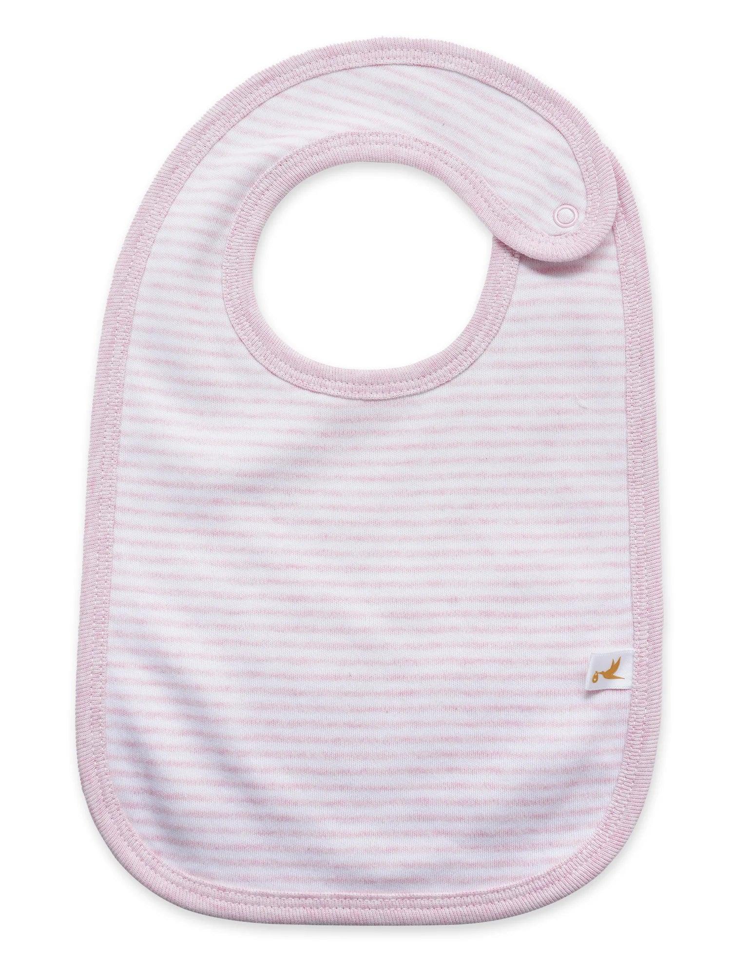 Organic cotton baby bib with light pink and white stripes and snap closure