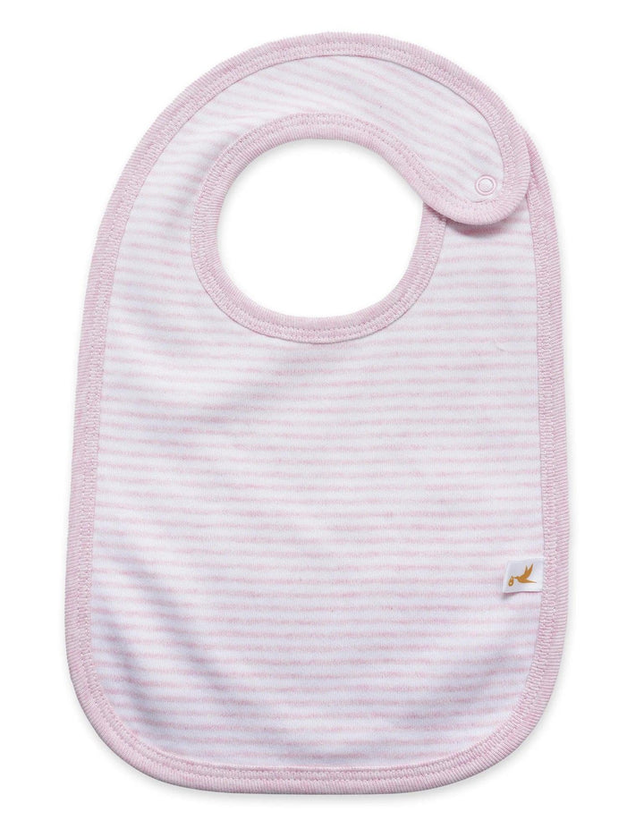 Close-up of the organic cotton baby bib showing the thin pink stripes and the soft pink binding. Buy gentle baby feeding accessories India.