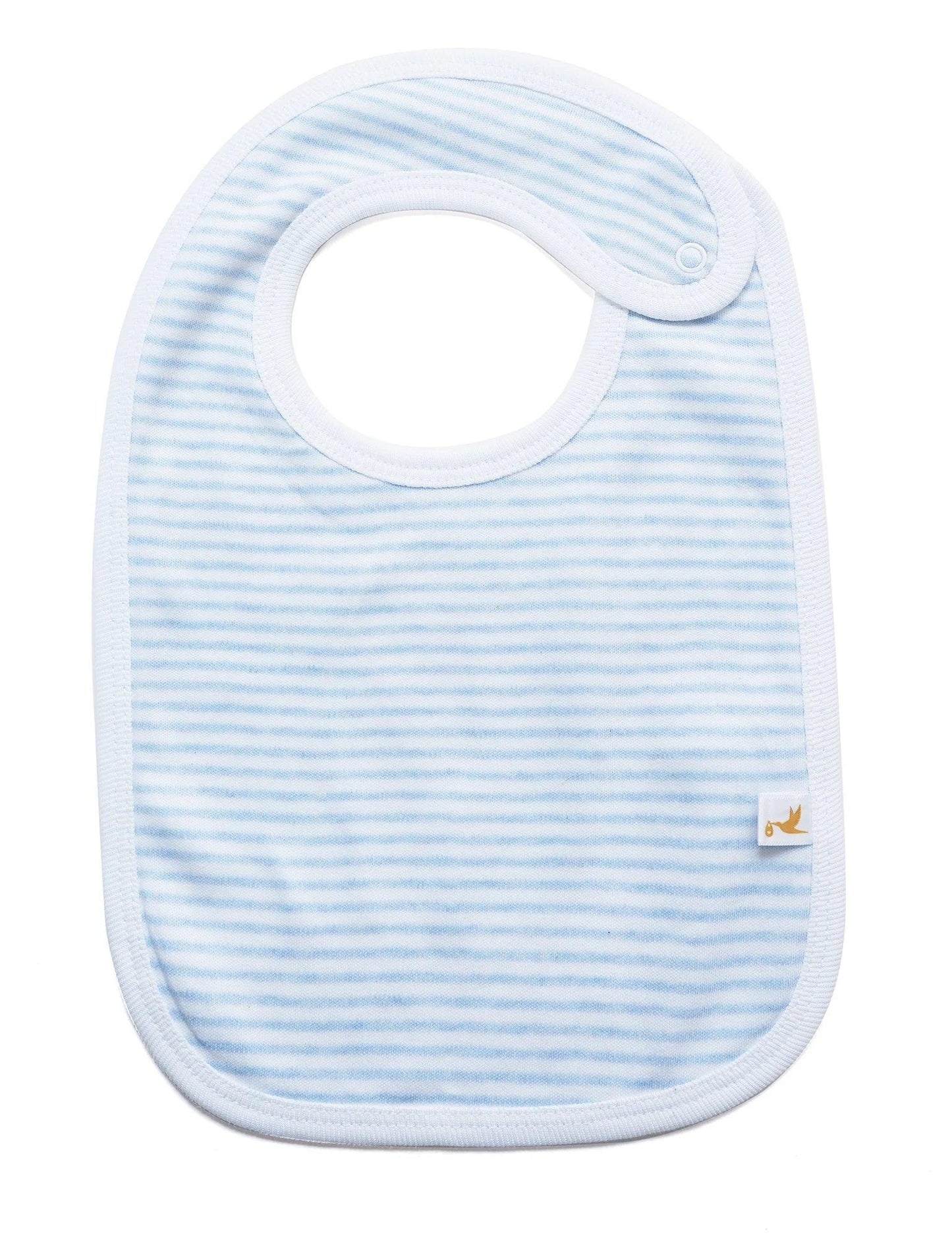 Organic cotton baby bib with light blue and white stripes and snap closure