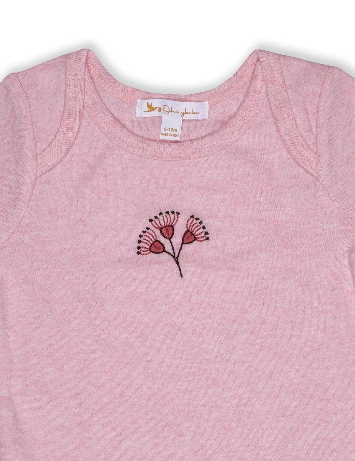 Pink organic cotton baby bodysuit with delicate blossom embroidery, size 6-12 months