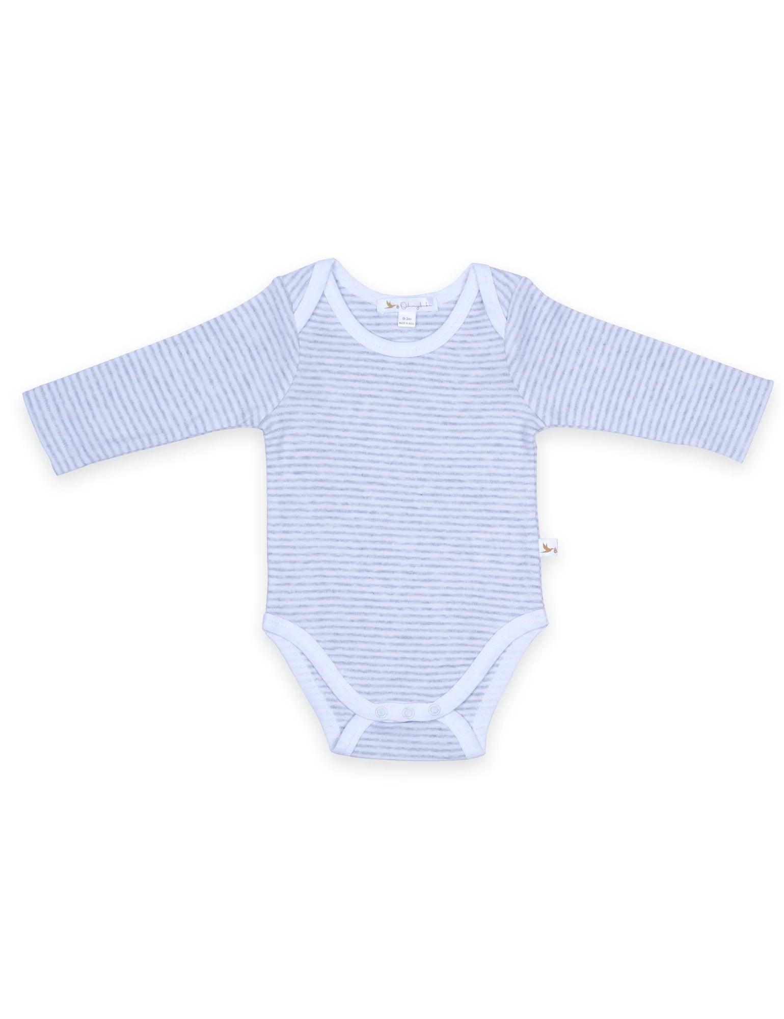 Organic cotton baby bodysuit with blue and white stripes, long sleeves, snap closures