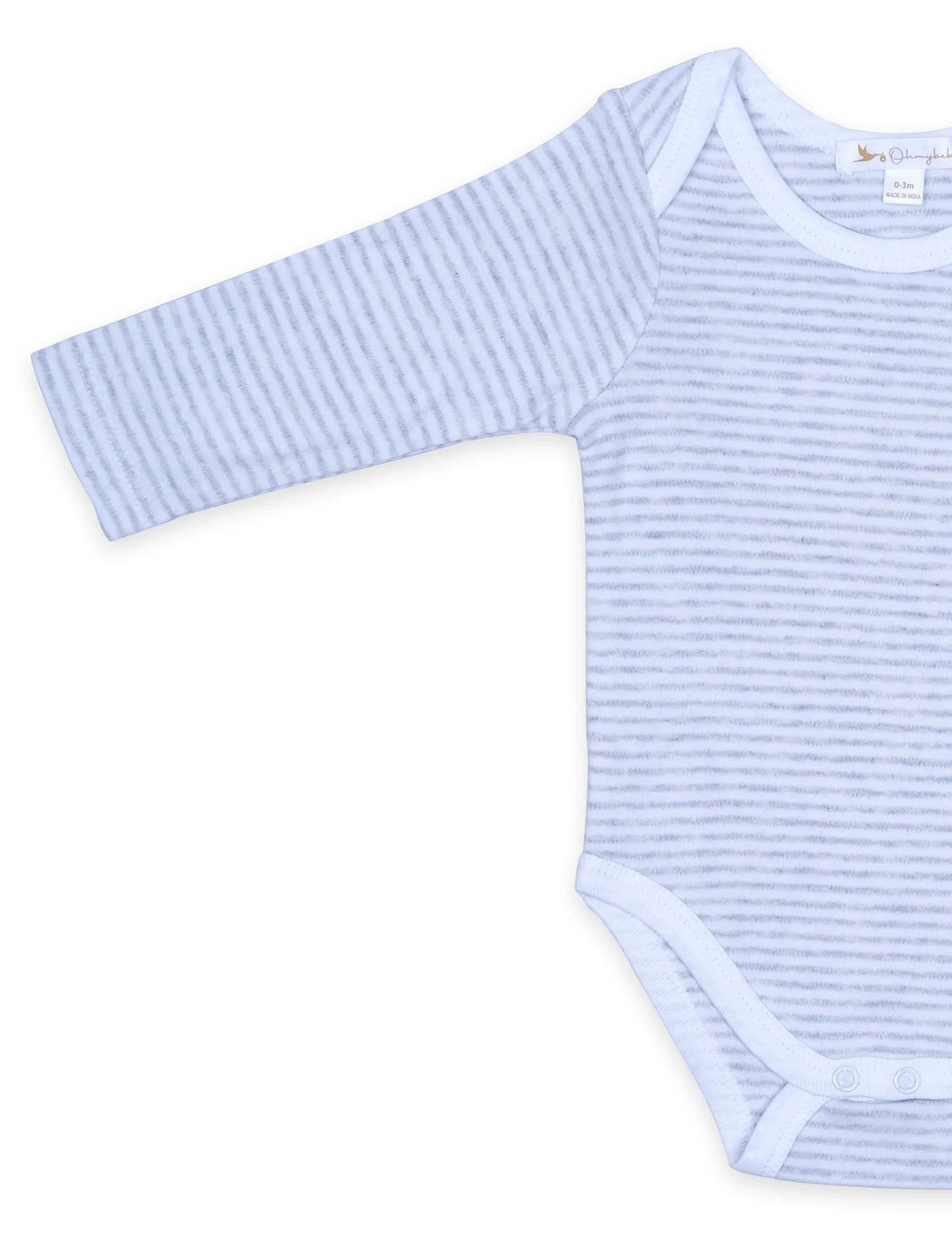 Organic cotton baby bodysuit with blue and white thin stripes and long sleeves