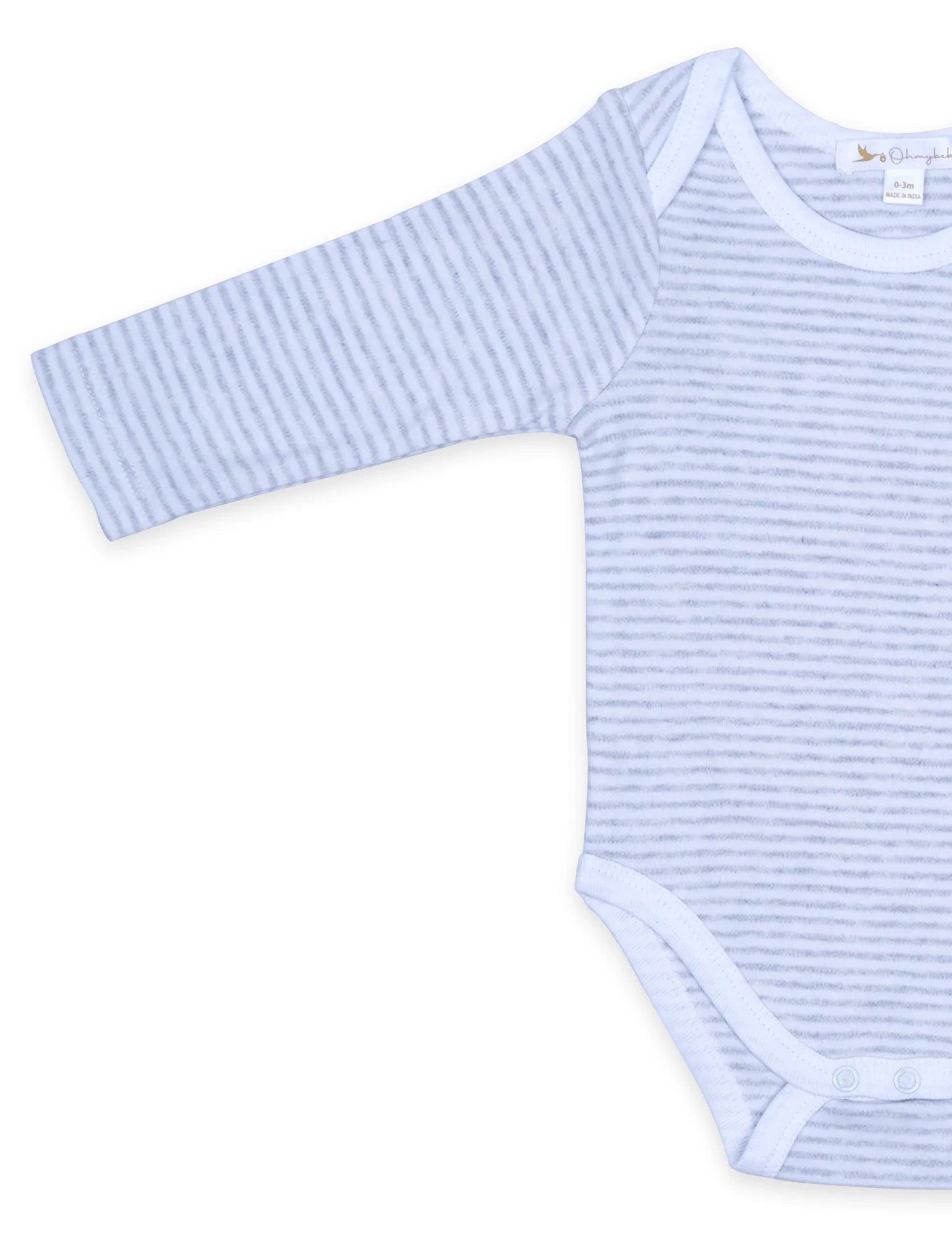 Organic cotton baby bodysuit with blue and white thin stripes and long sleeves