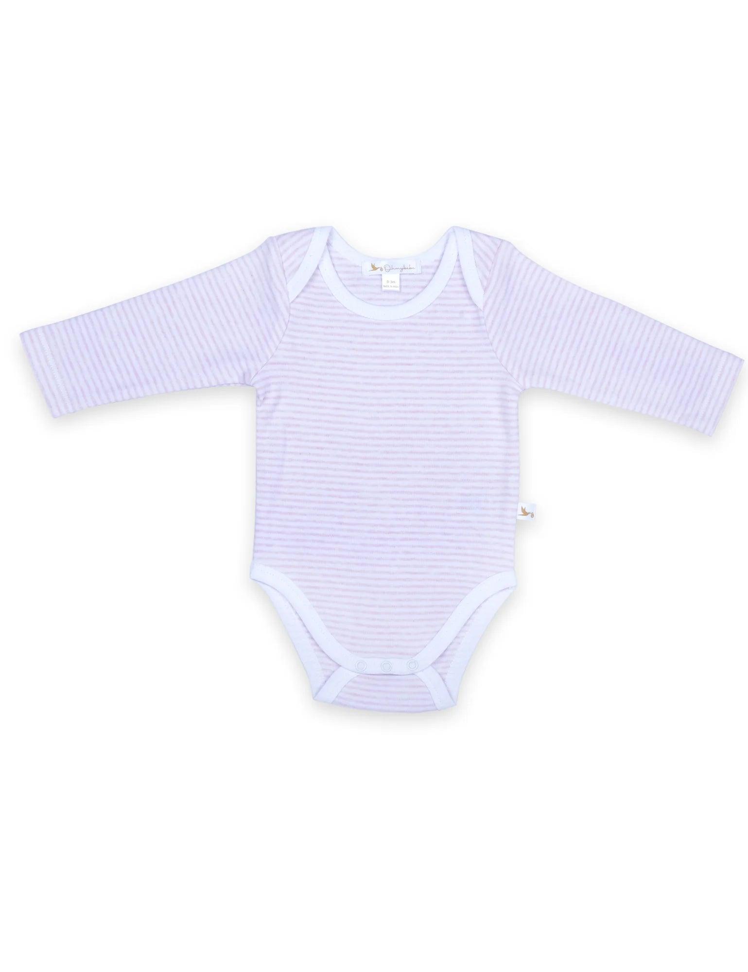 Organic cotton long sleeve baby bodysuit with pink and white stripes