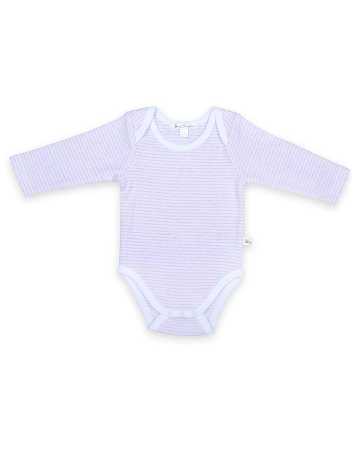 Delicate light pink and white striped organic cotton long-sleeve baby bodysuit. A comfortable essential for your little one. See organic baby wear India.
