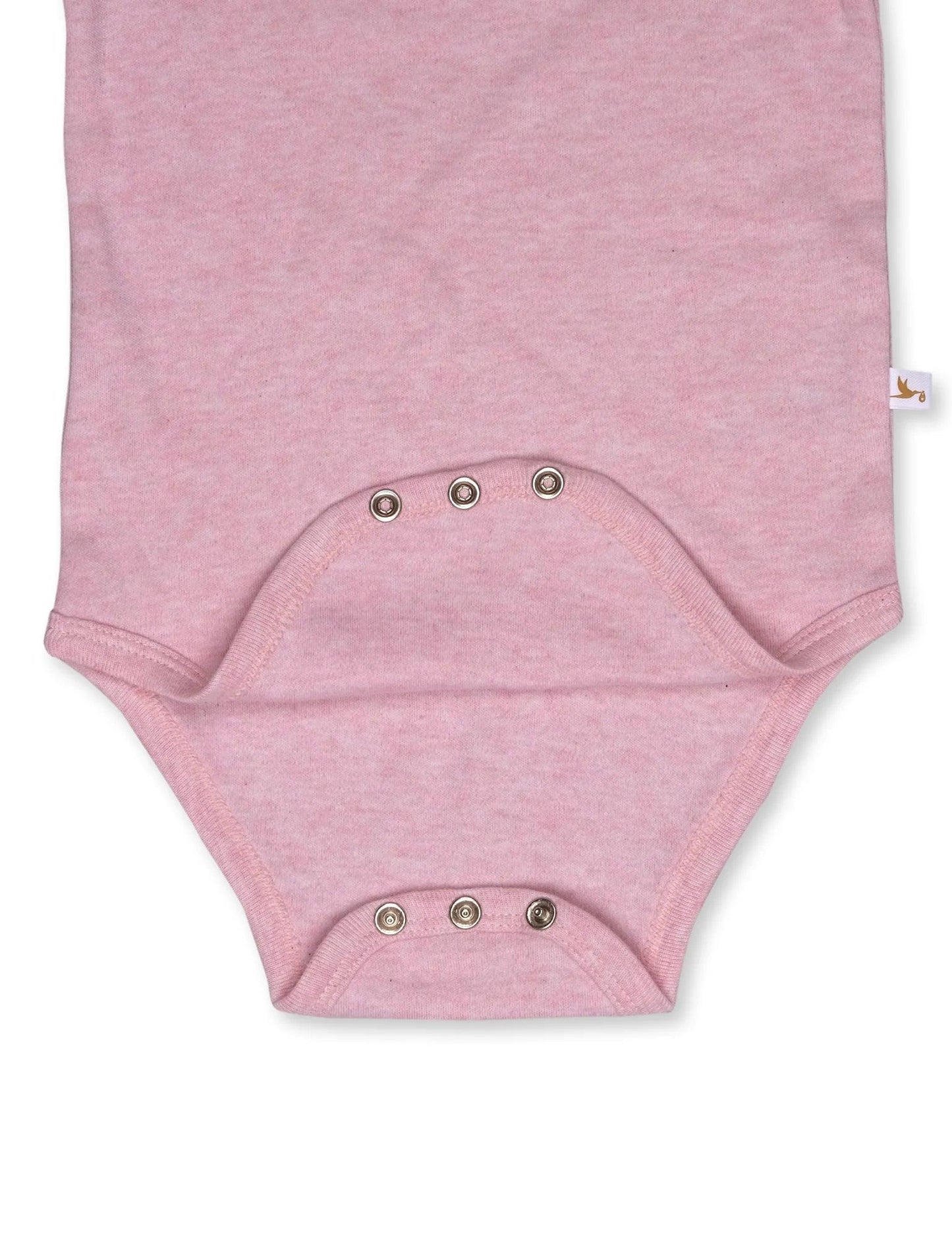 Pink organic cotton baby bodysuit close-up of snap button closure detail