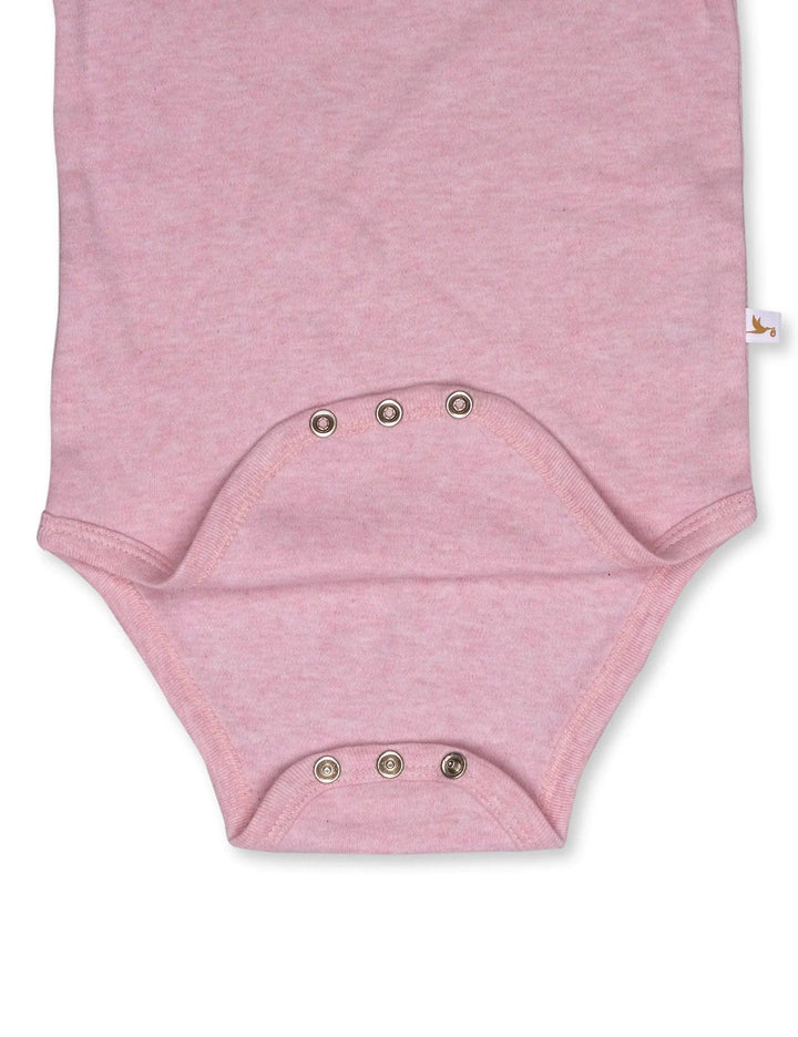 Detail of the snap closures at the crotch of the 100% organic cotton long-sleeve baby bodysuit. Easy for diaper changes. Part of a 3-piece set.