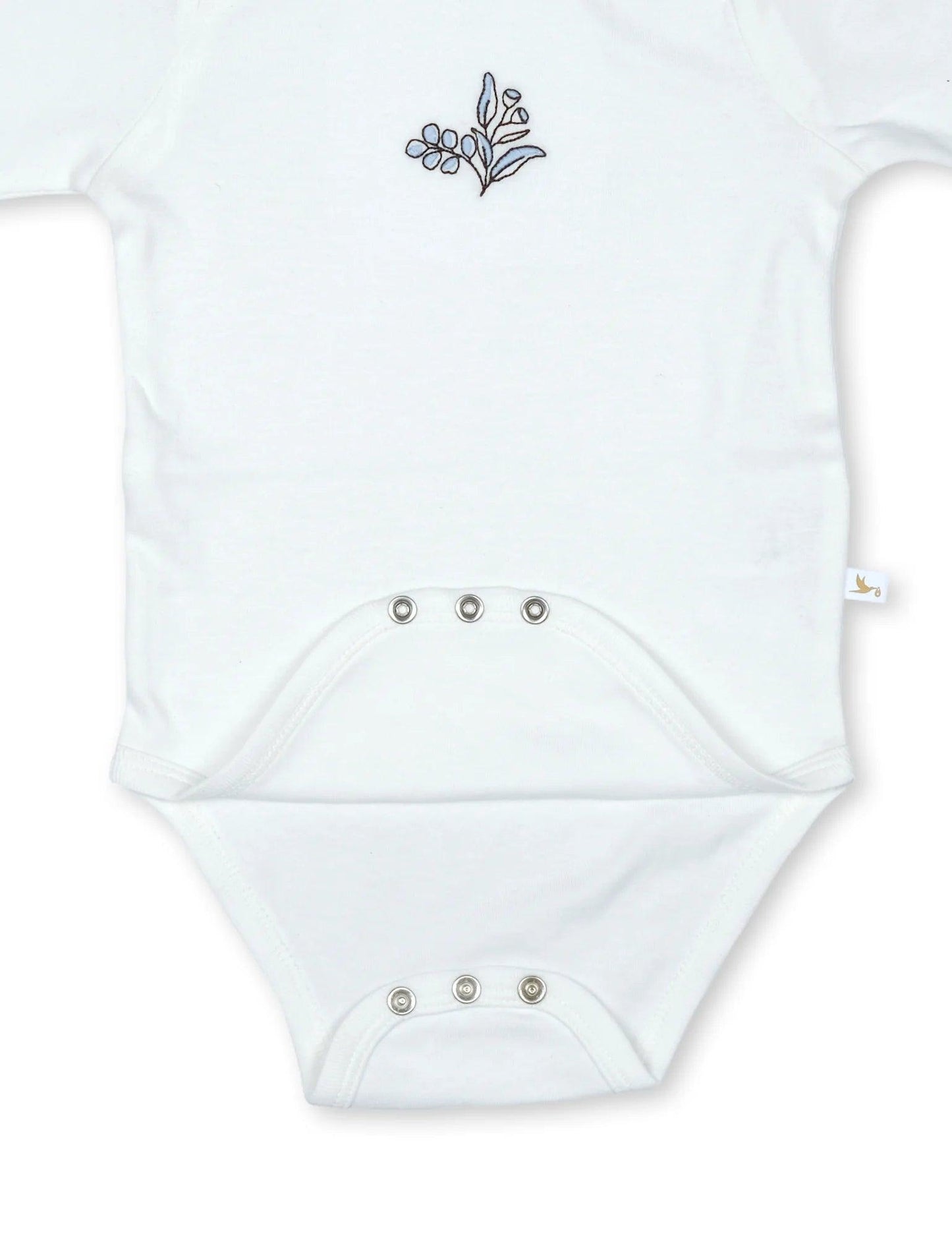 White organic cotton baby bodysuit with snap buttons and blue leaf embroidery
