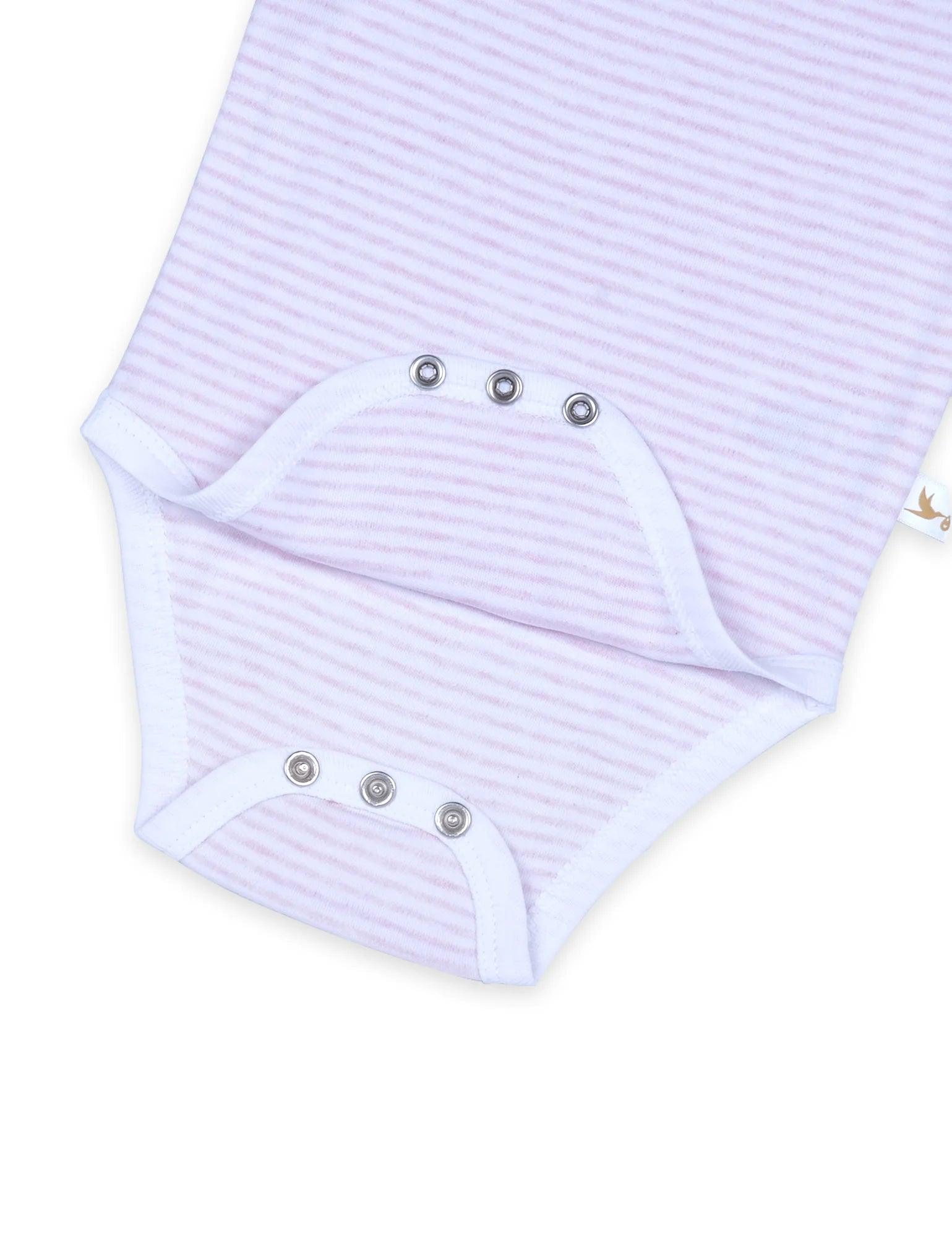 Organic cotton baby bodysuit lower section with pink stripes and snap button closures