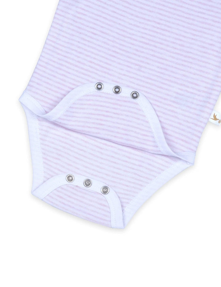 Close-up showing the convenient snap closures at the crotch of the light pink and white striped organic cotton baby bodysuit. Shop practical baby clothing India.