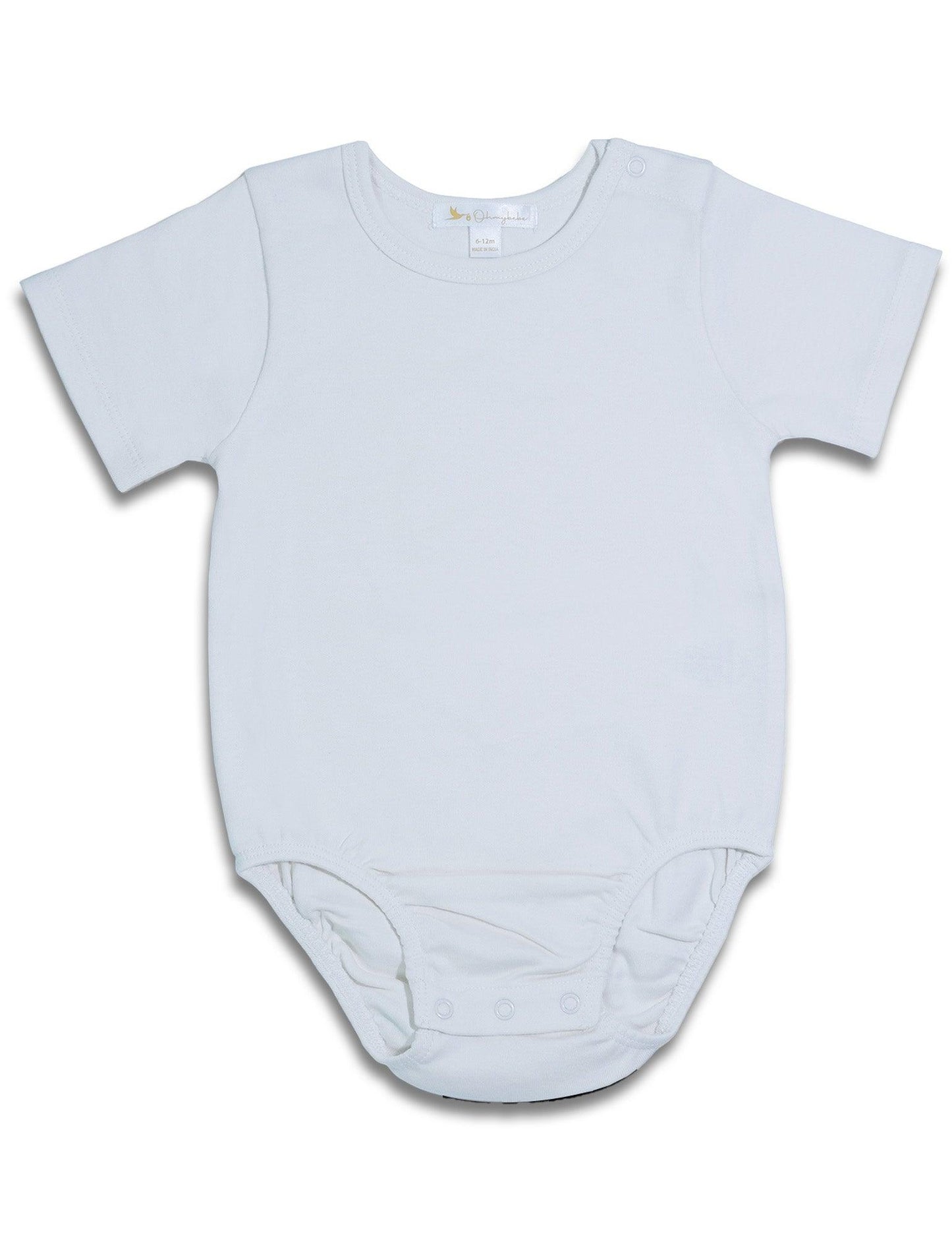 White organic cotton baby bodysuit with short sleeves and snap closures
