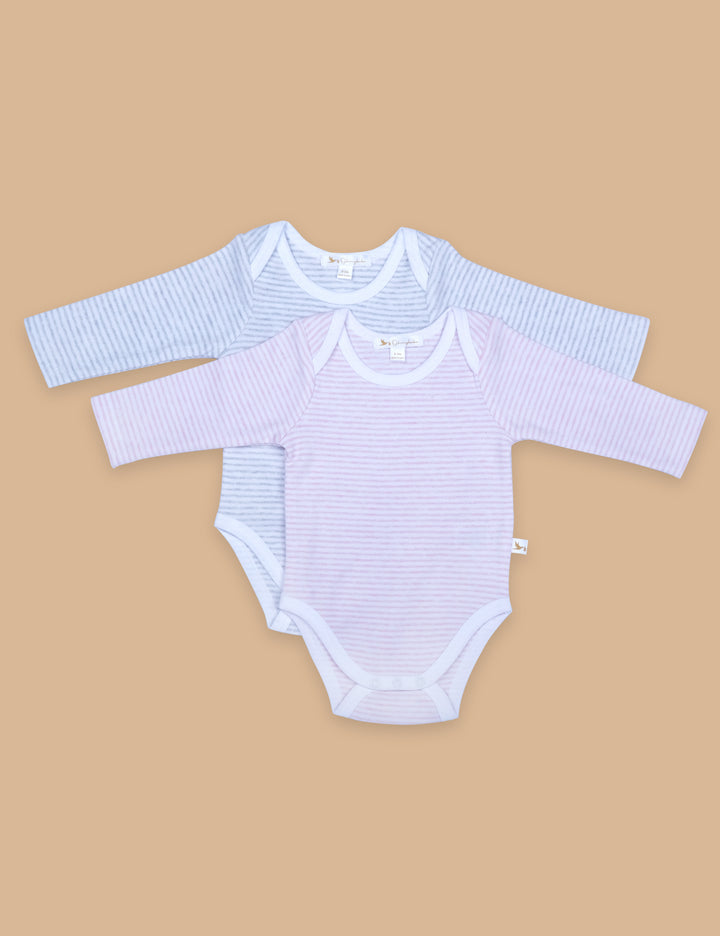 Set of two organic cotton long-sleeve baby bodysuits in light blue and white stripes, and light pink and white stripes. Buy organic baby clothes online India.