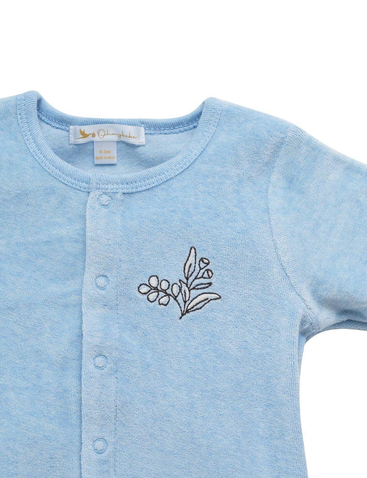 Light blue organic cotton baby cardigan with long sleeves, a button-up front, and a charming olive branch embroidery detail. Shop sweet baby cardigans India.