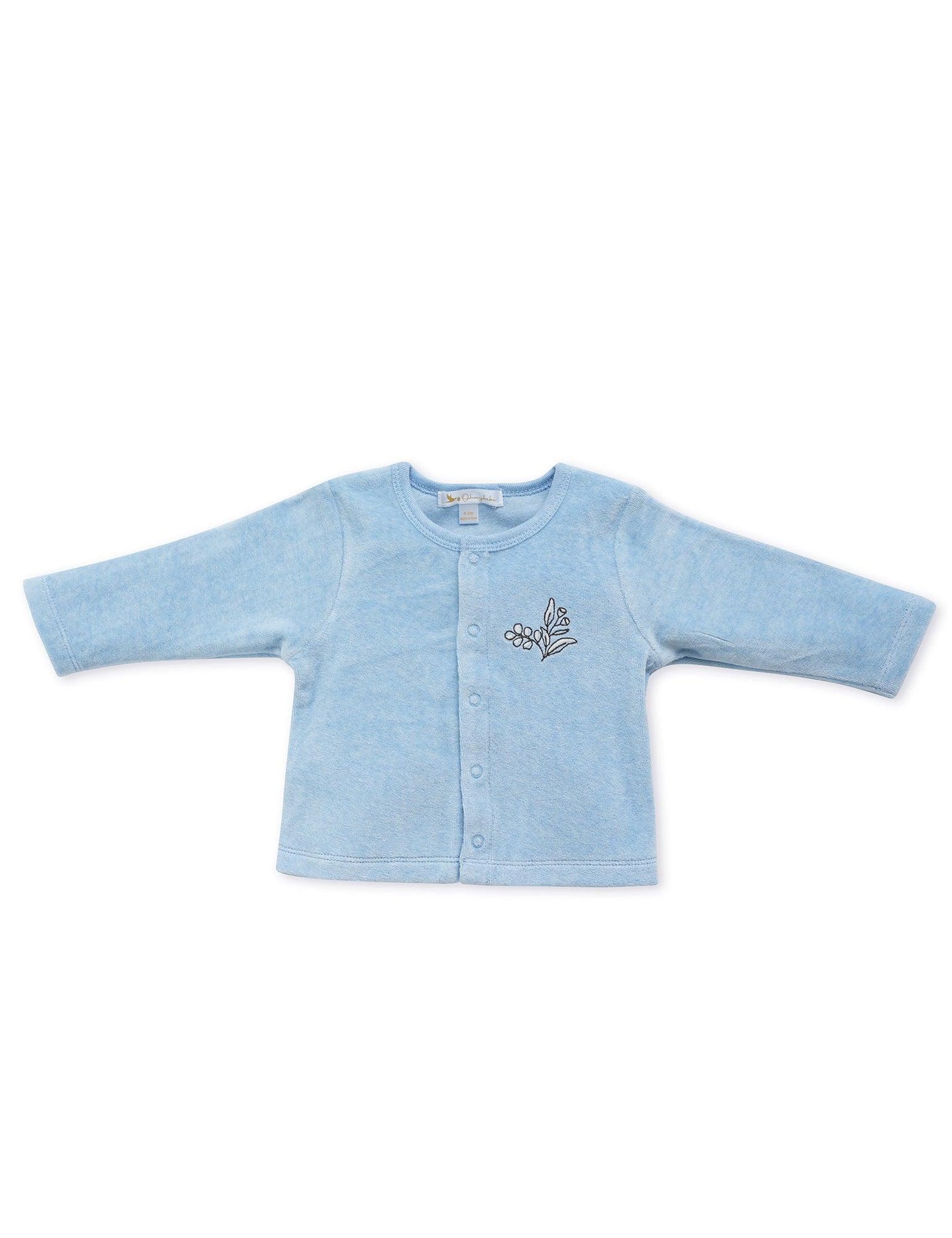 Soft blue organic cotton baby cardigan with snap buttons and small floral embroidery