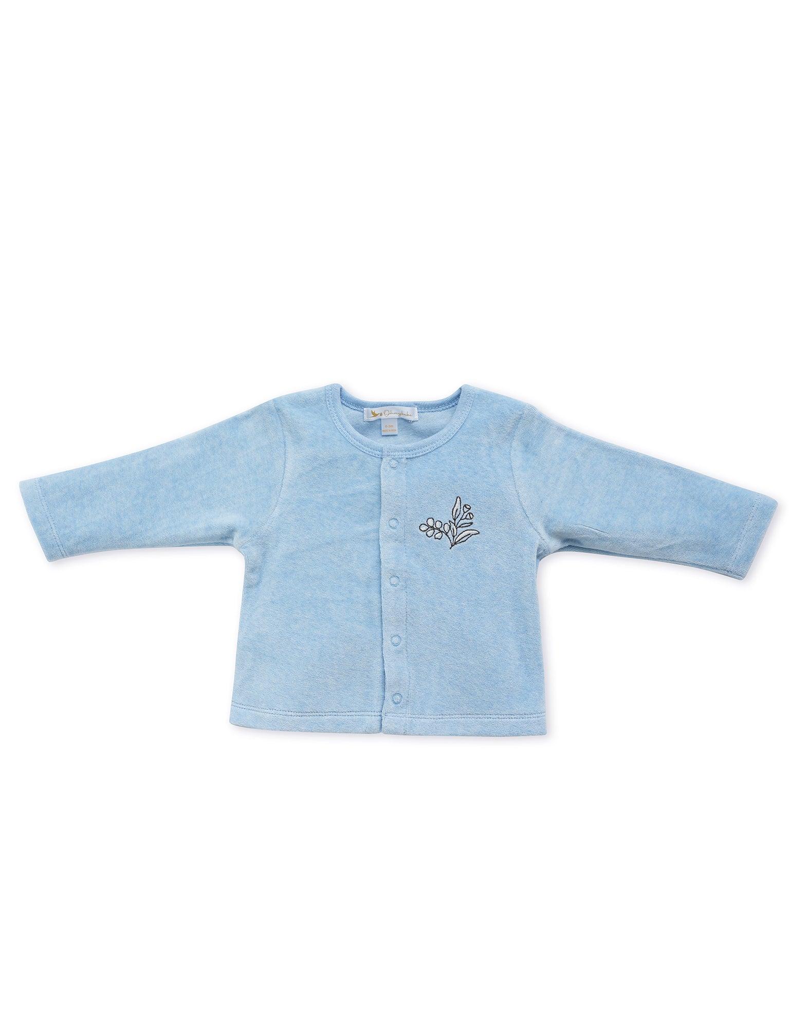 Soft blue organic cotton baby cardigan with snap buttons and small floral embroidery