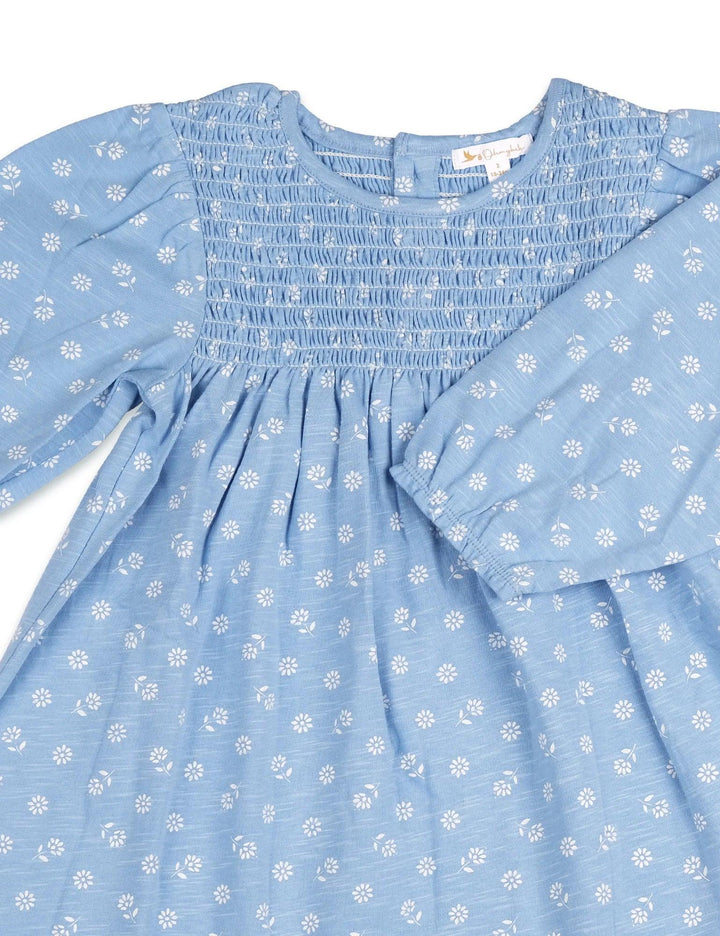 Close-up of the smocked bodice and long sleeves of the light blue 100% organic cotton baby dress with a sweet ditsy floral print. Shop organic dresses India.