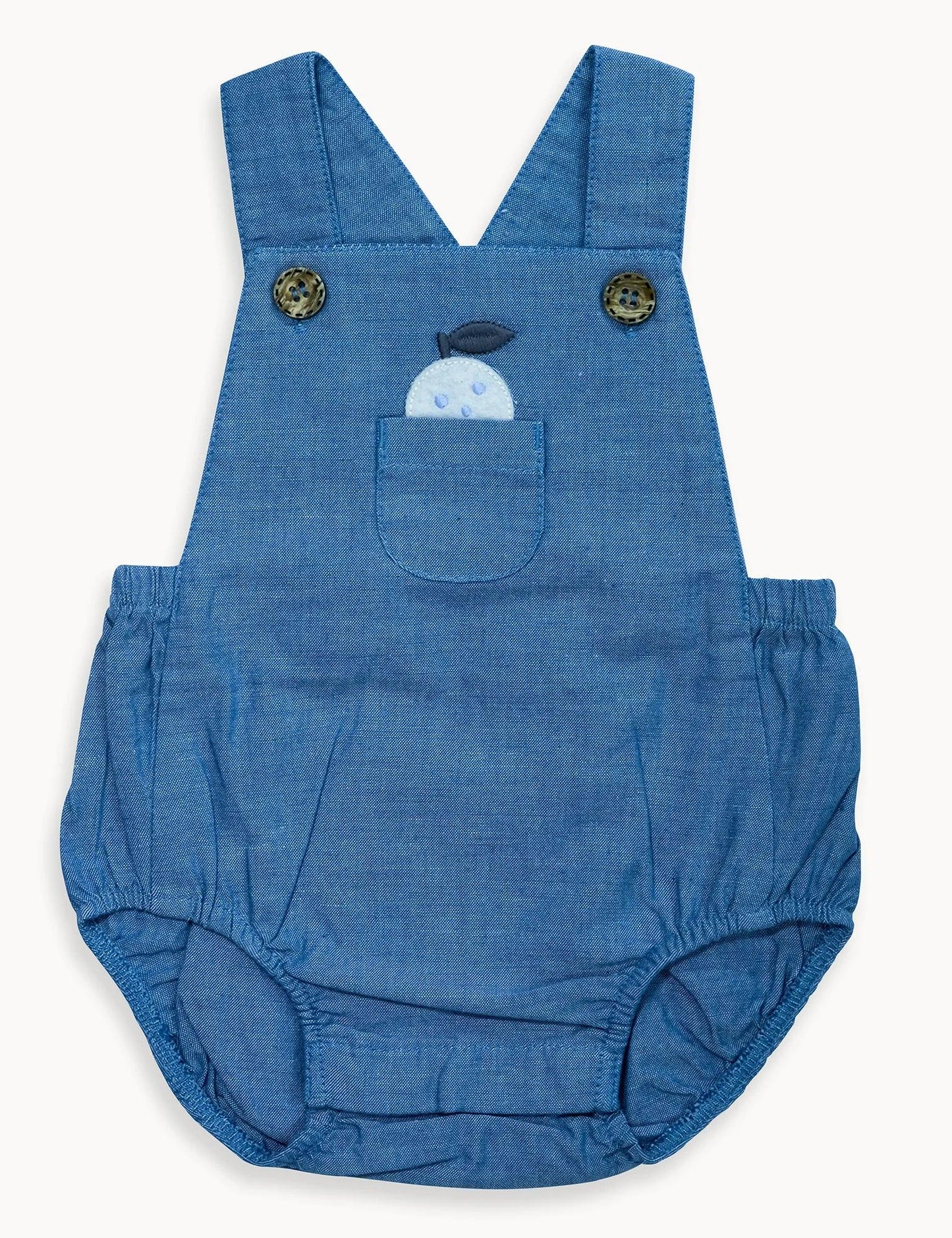 Blue organic cotton baby dungarees with front pocket and button straps