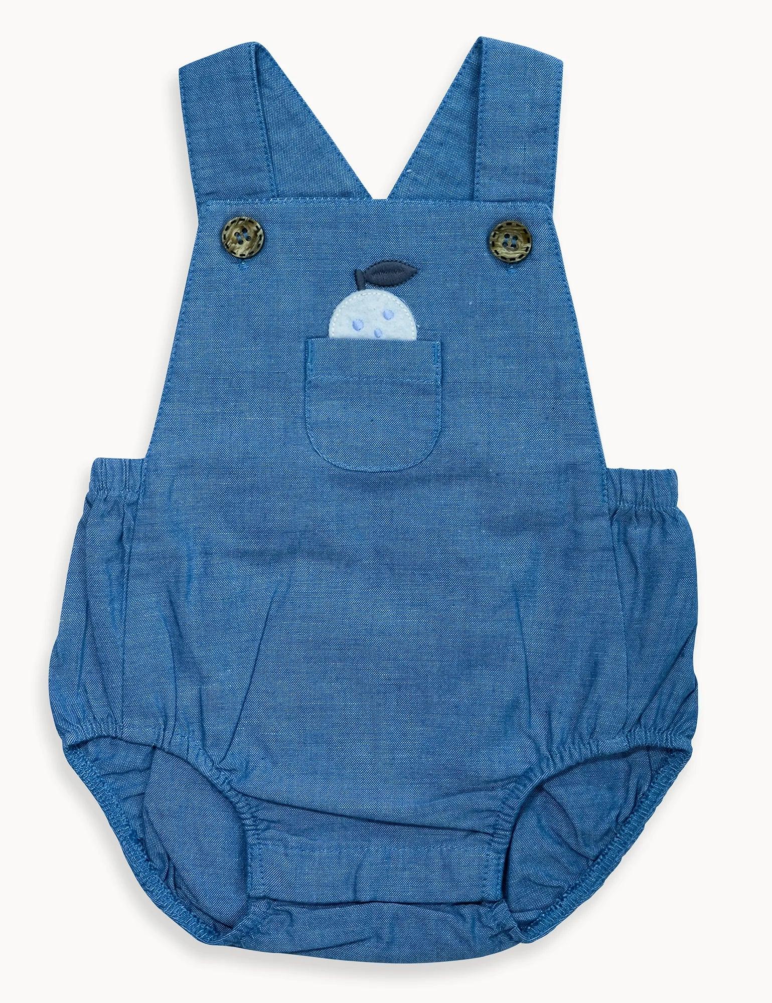 Blue organic cotton baby dungarees with front pocket and button straps