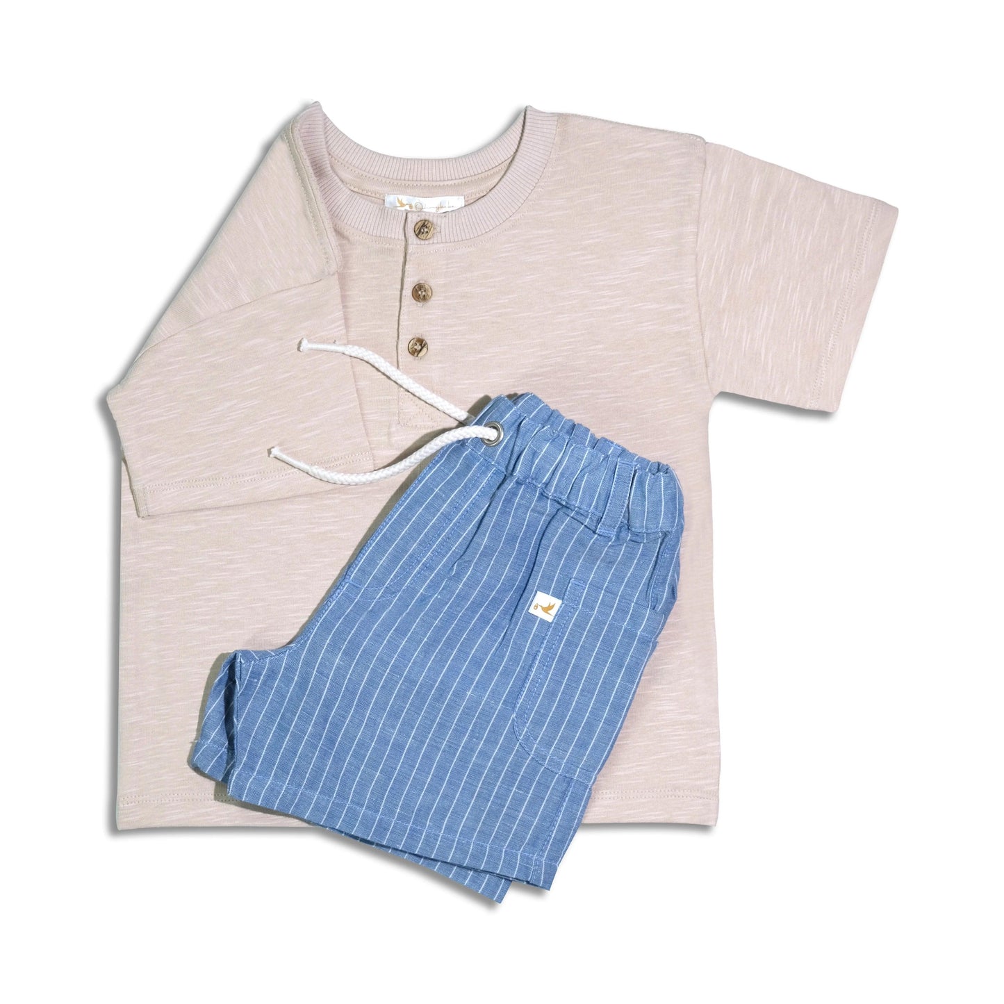 Organic cotton baby henley shirt with wooden buttons and blue striped shorts set