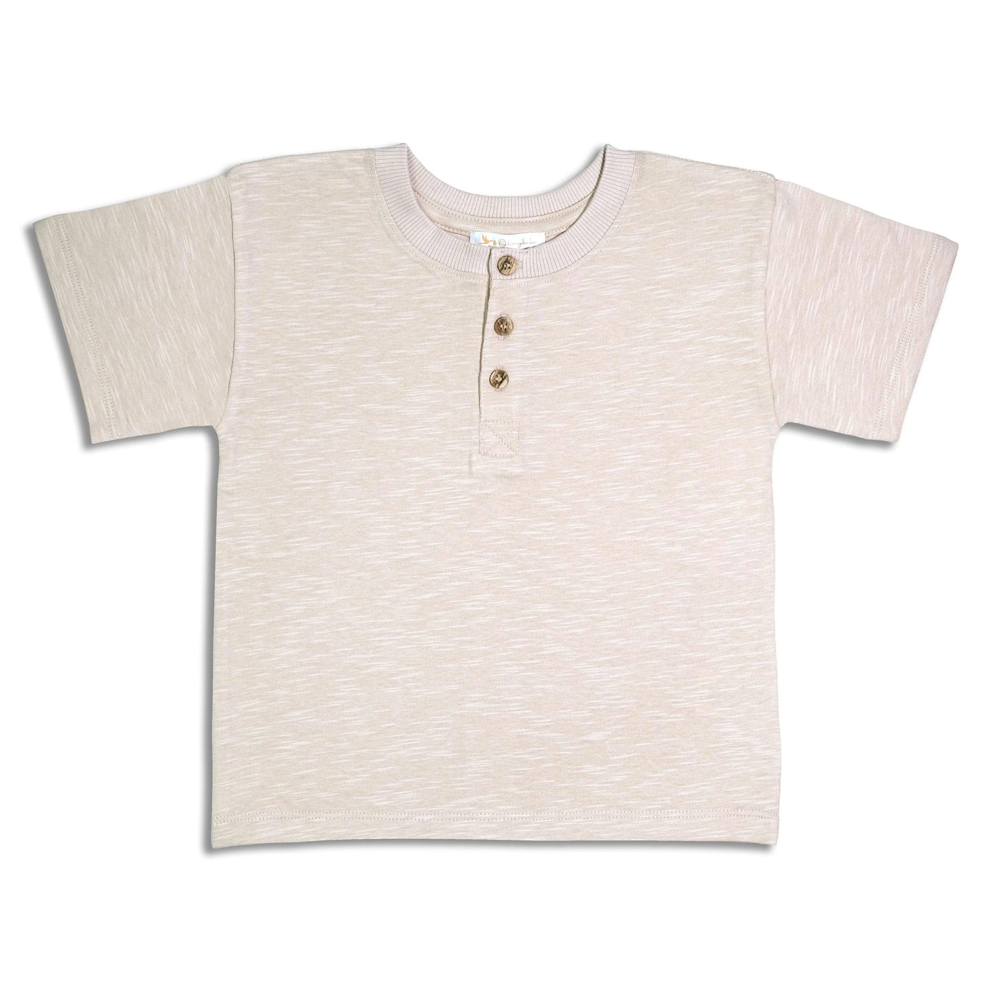 Beige organic cotton baby Henley tee with short sleeves and three wooden buttons