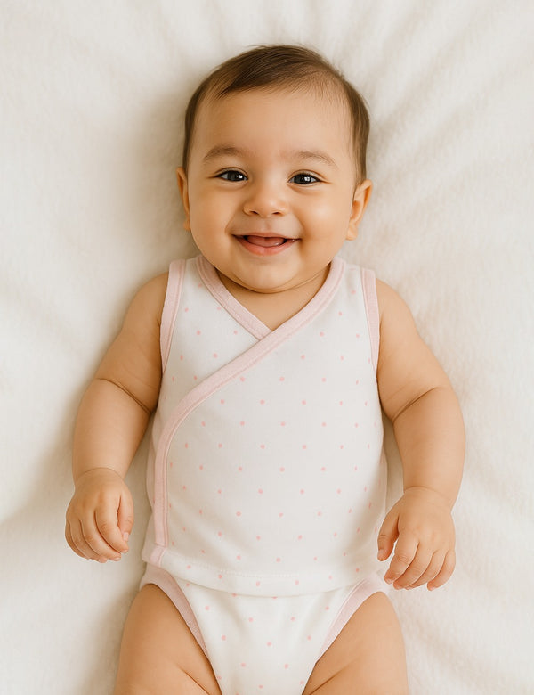 Adorable baby, who appears to be of South Asian descent, smiling while wearing a soft white 100% organic cotton baby jabla with pink trim and tiny dots. Shop comfortable organic cotton baby jhablas online in India.