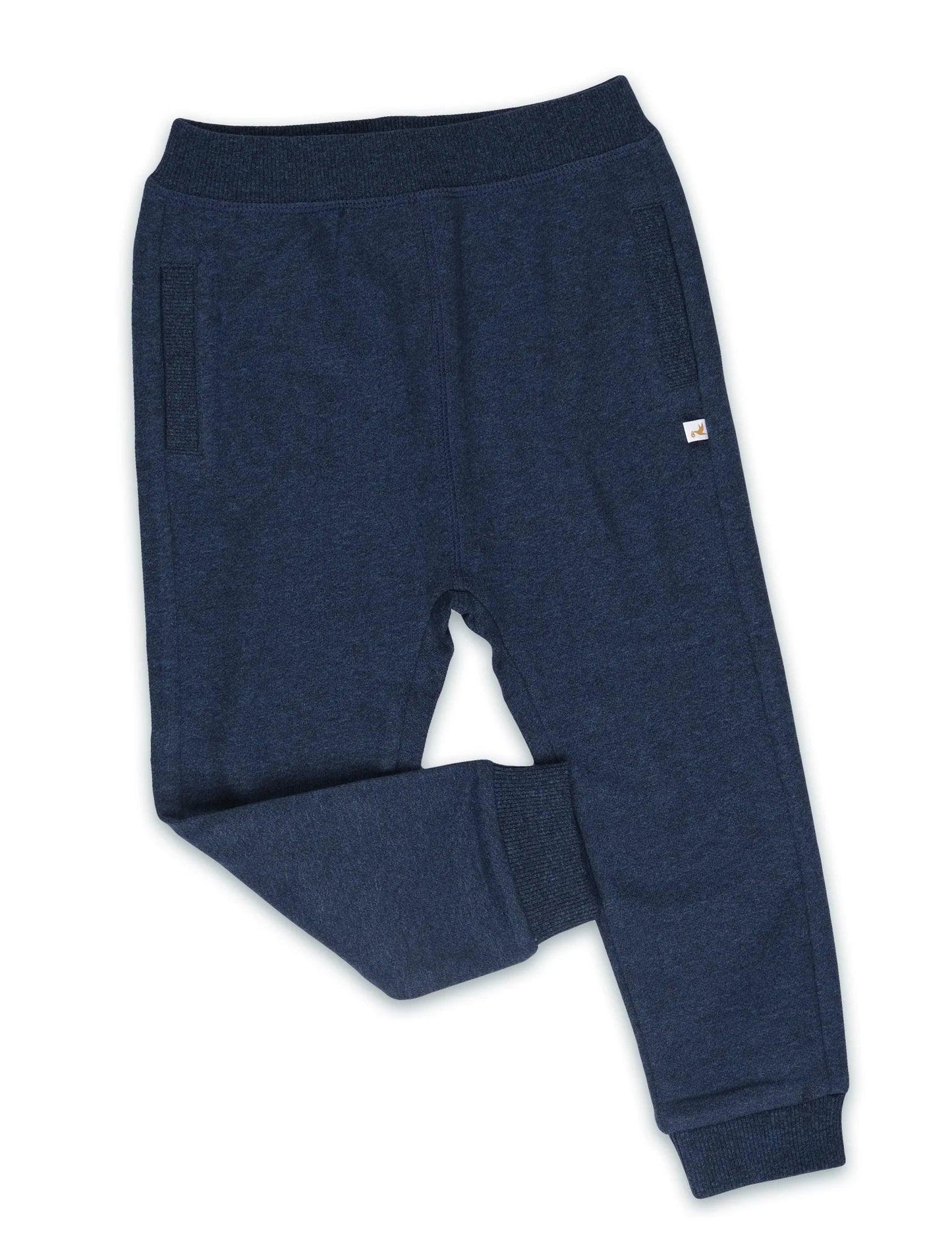 Navy blue organic cotton baby joggers with ribbed cuffs and pockets