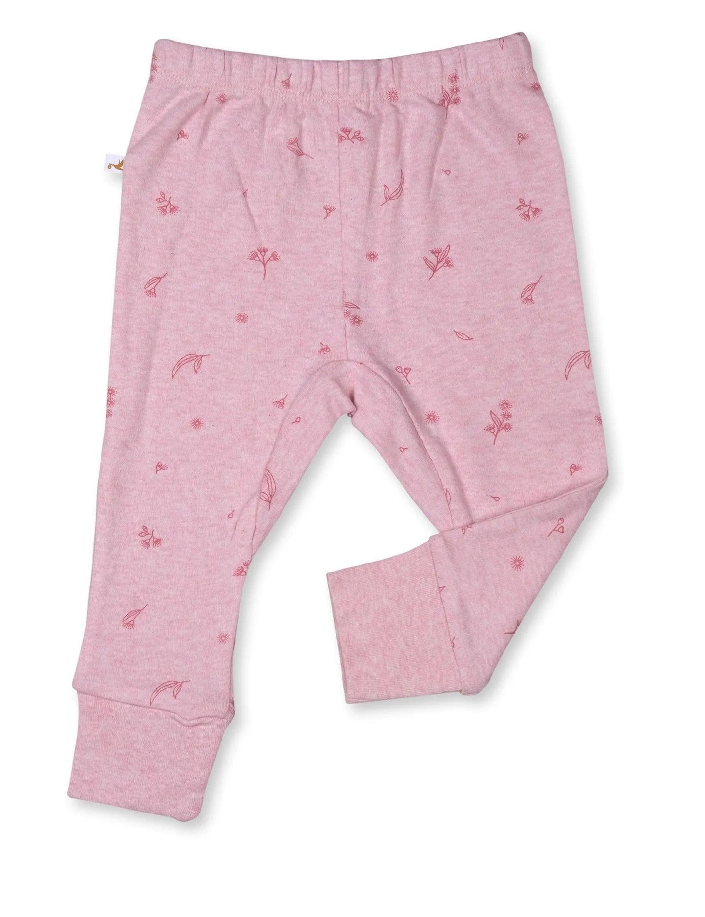 Pink organic cotton baby leggings with small blossom floral print and cuffed ankles