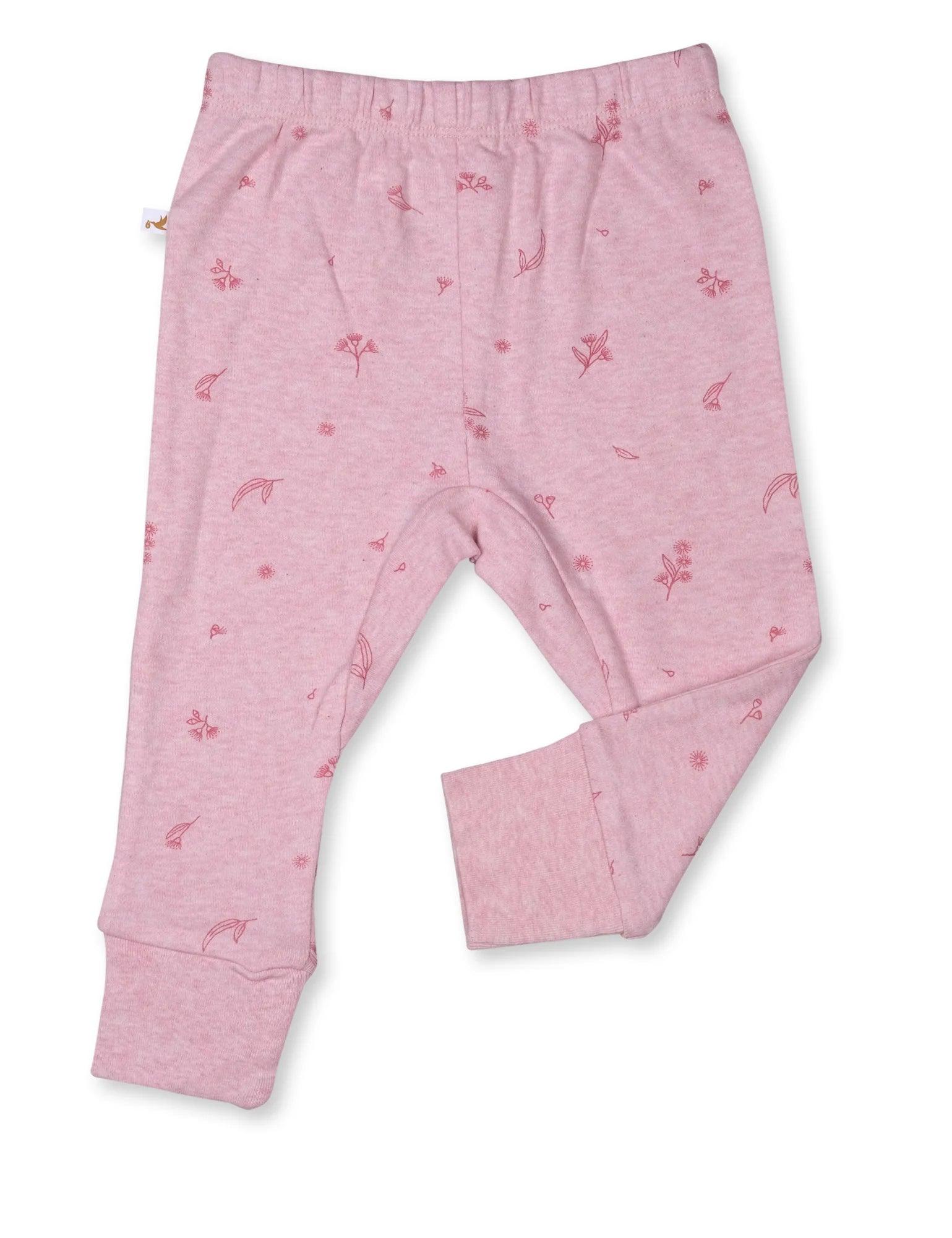 Pink organic cotton baby leggings with small blossom floral print and cuffed ankles