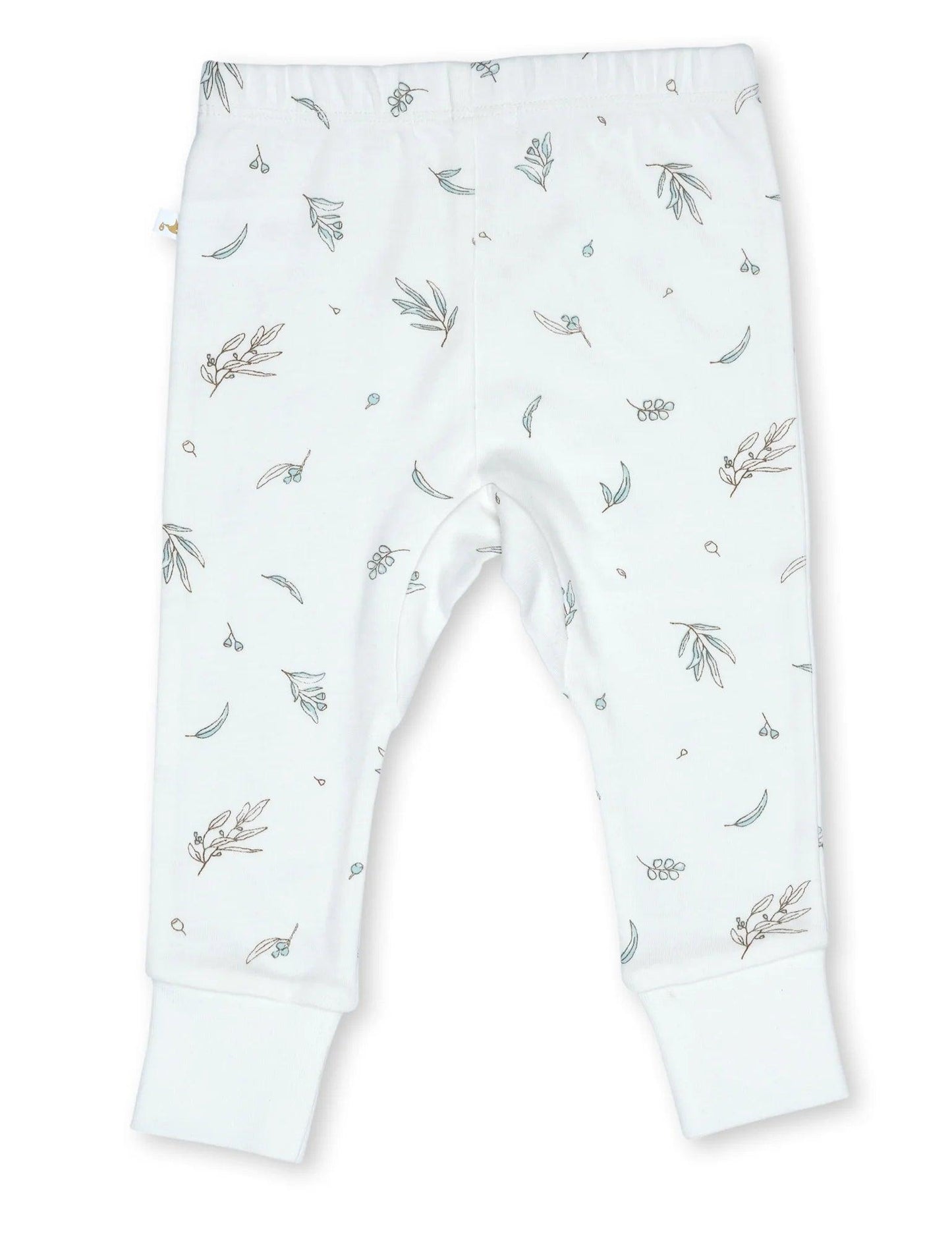 Organic cotton baby leggings in white with soft blue and brown leaf print and cuffed ankles