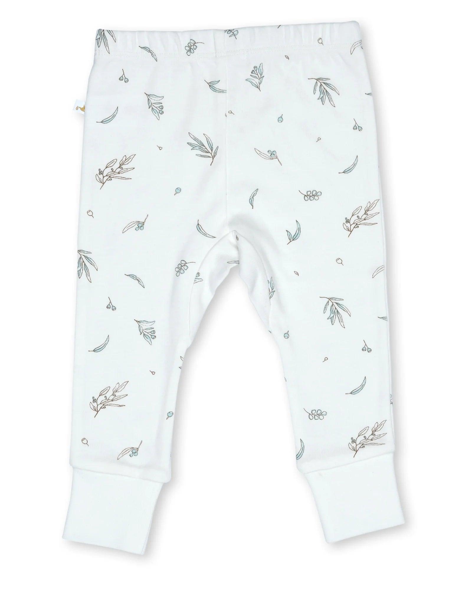 Organic cotton baby leggings in white with soft blue and brown leaf print and cuffed ankles