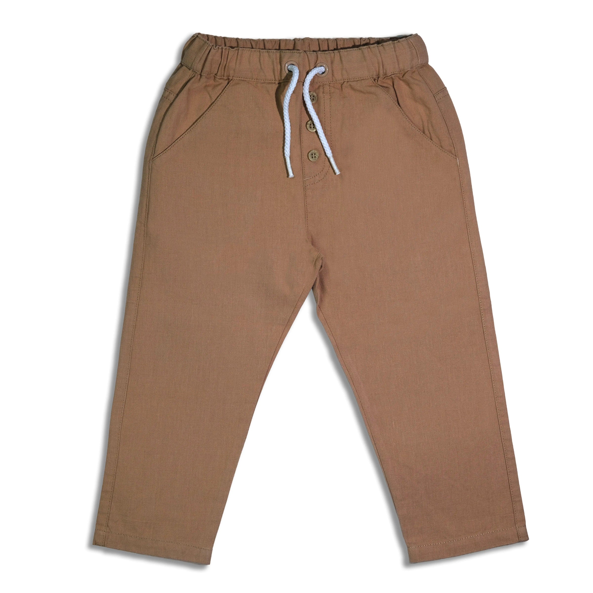 Brown organic cotton baby pants with elastic waist and white drawstring on white background
