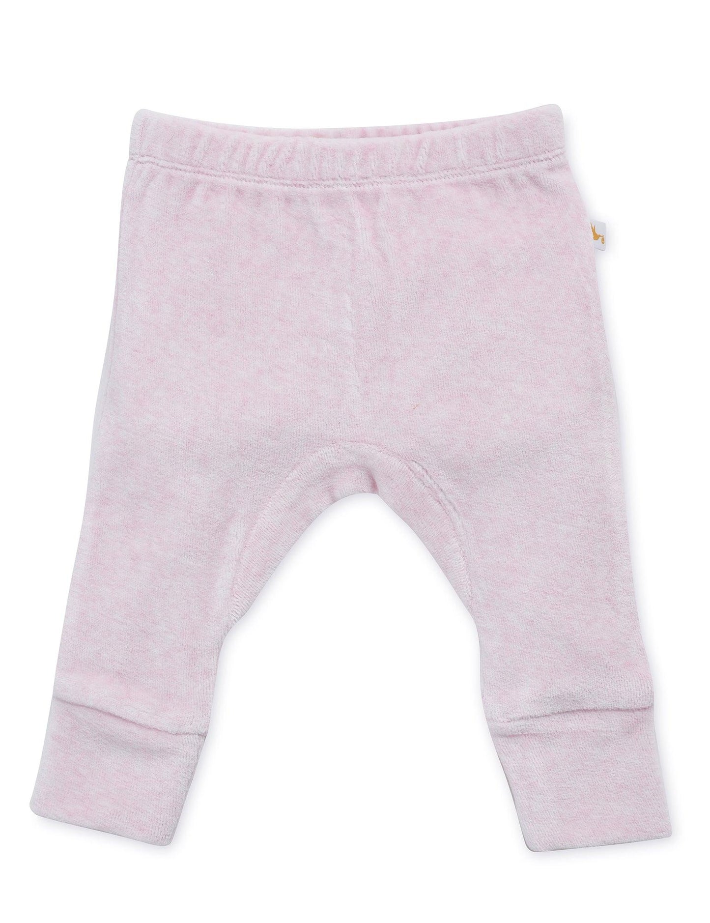 Light pink organic cotton baby pants with elastic waistband and cuffs on white background
