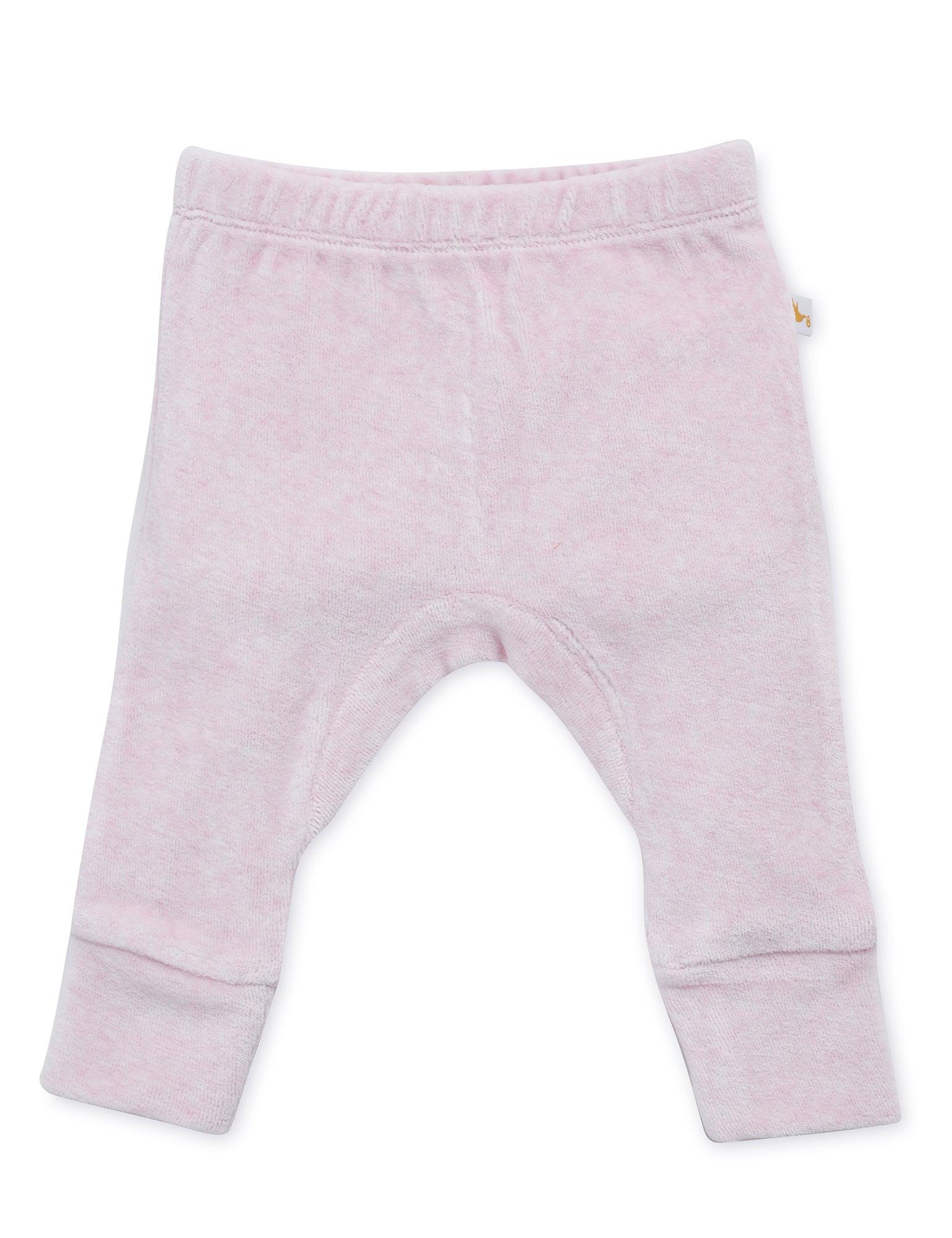 Light pink organic cotton baby pants with elastic waistband and cuffs on white background
