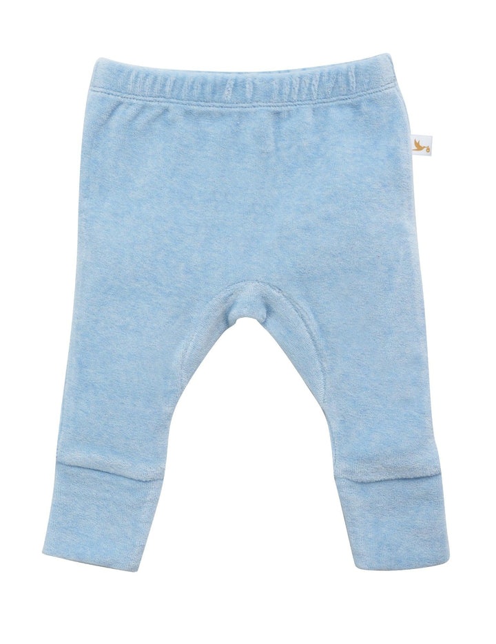 Comfortable soft blue organic cotton baby pants with a gentle elastic waistband and cuffed ankles. Essential for baby's daily wear. Shop cozy baby bottoms India