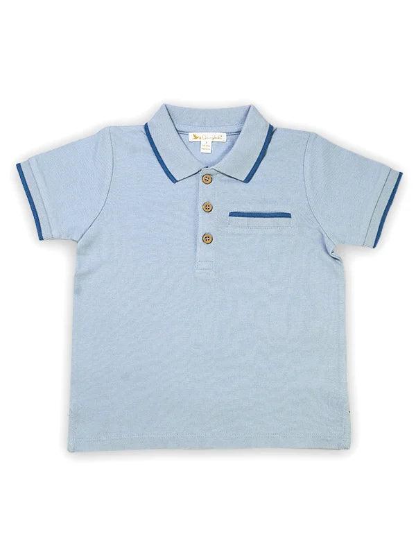Light blue short-sleeve organic cotton baby polo shirt with dark blue trim and wooden buttons flatlay