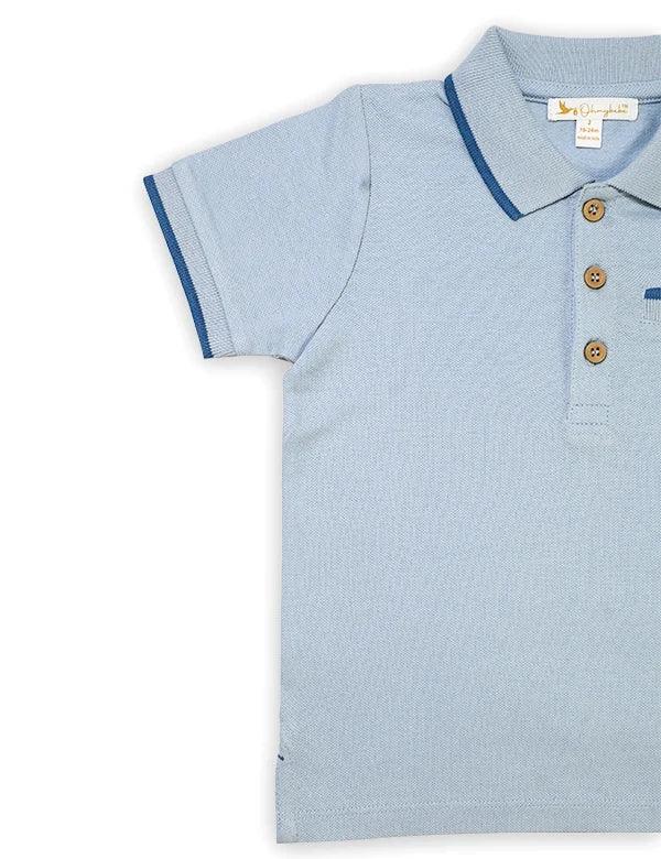 Sky blue organic cotton baby polo tee with navy trim and wooden buttons detail