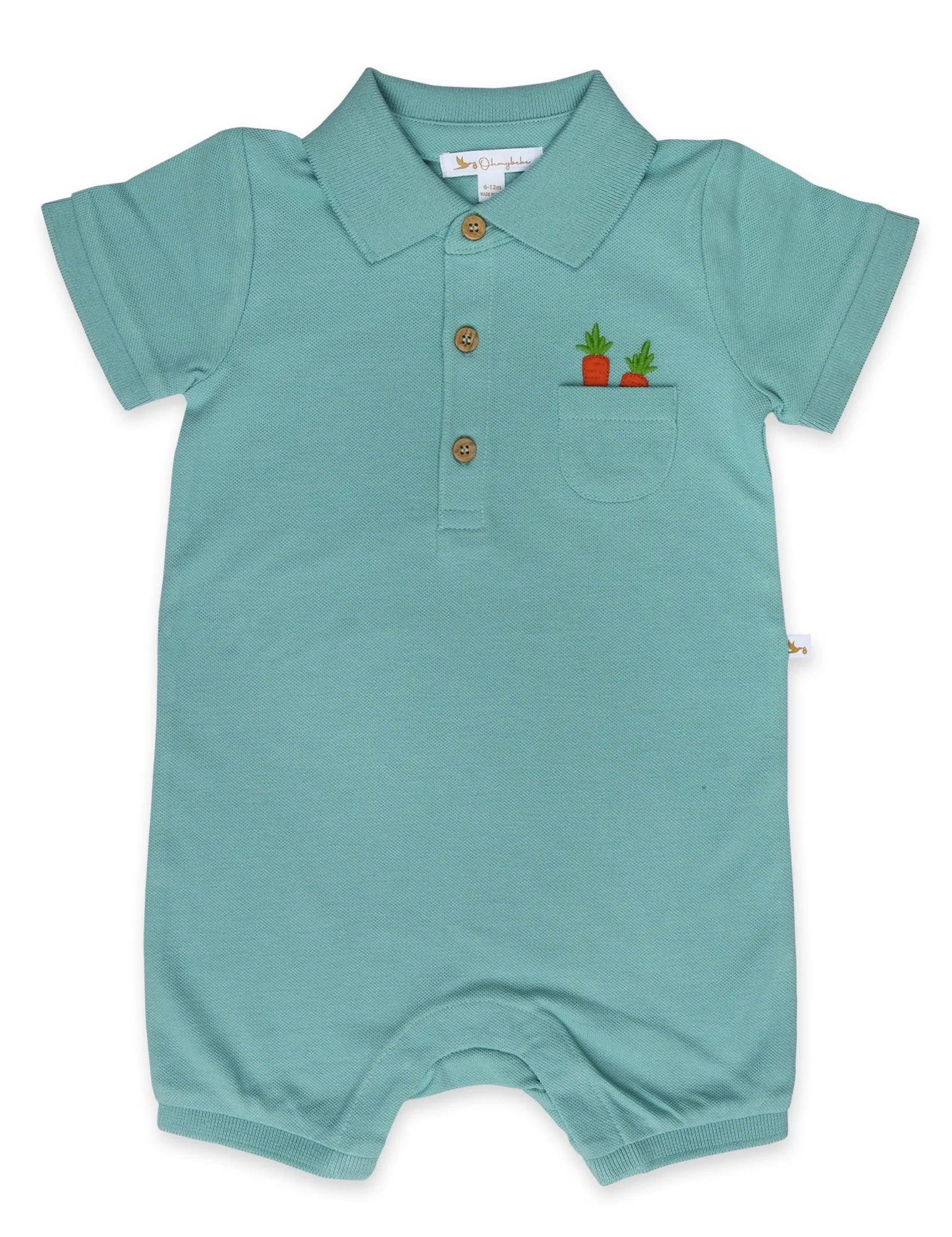 Organic Cotton Mint Polo Growsuit with Denim Cap - 2 Piece Organic Set - ohmybebe