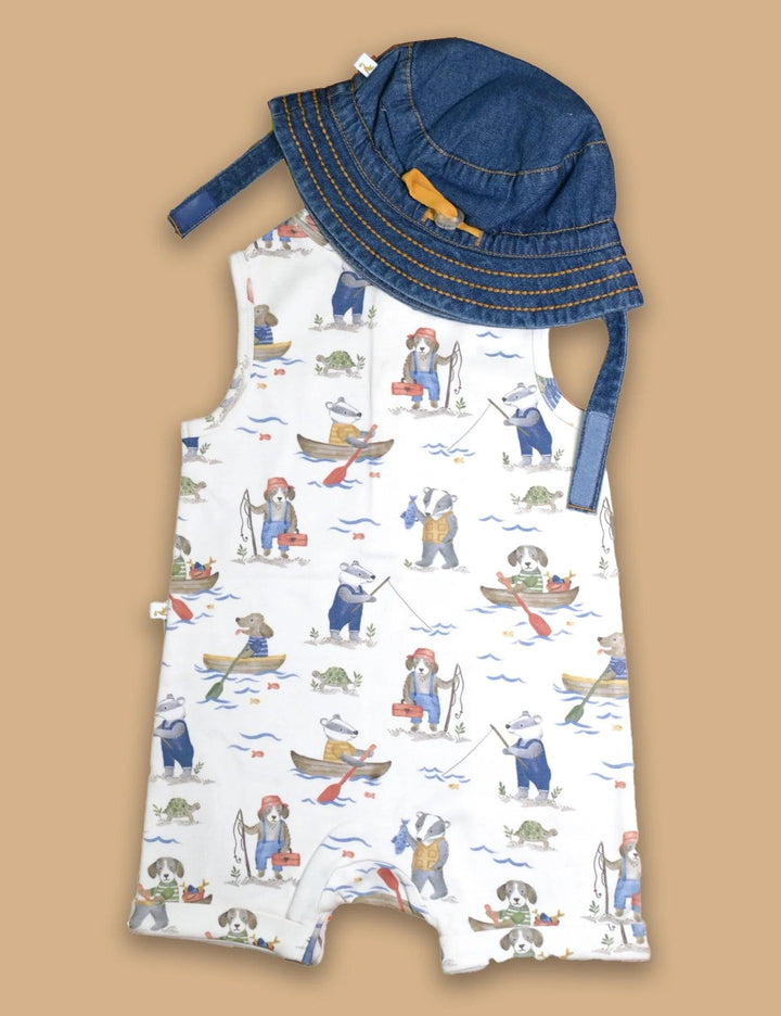 100% organic cotton baby romper with a cute animal fishing print, paired with a stylish dark denim sun hat. Buy soft organic baby clothes online India.