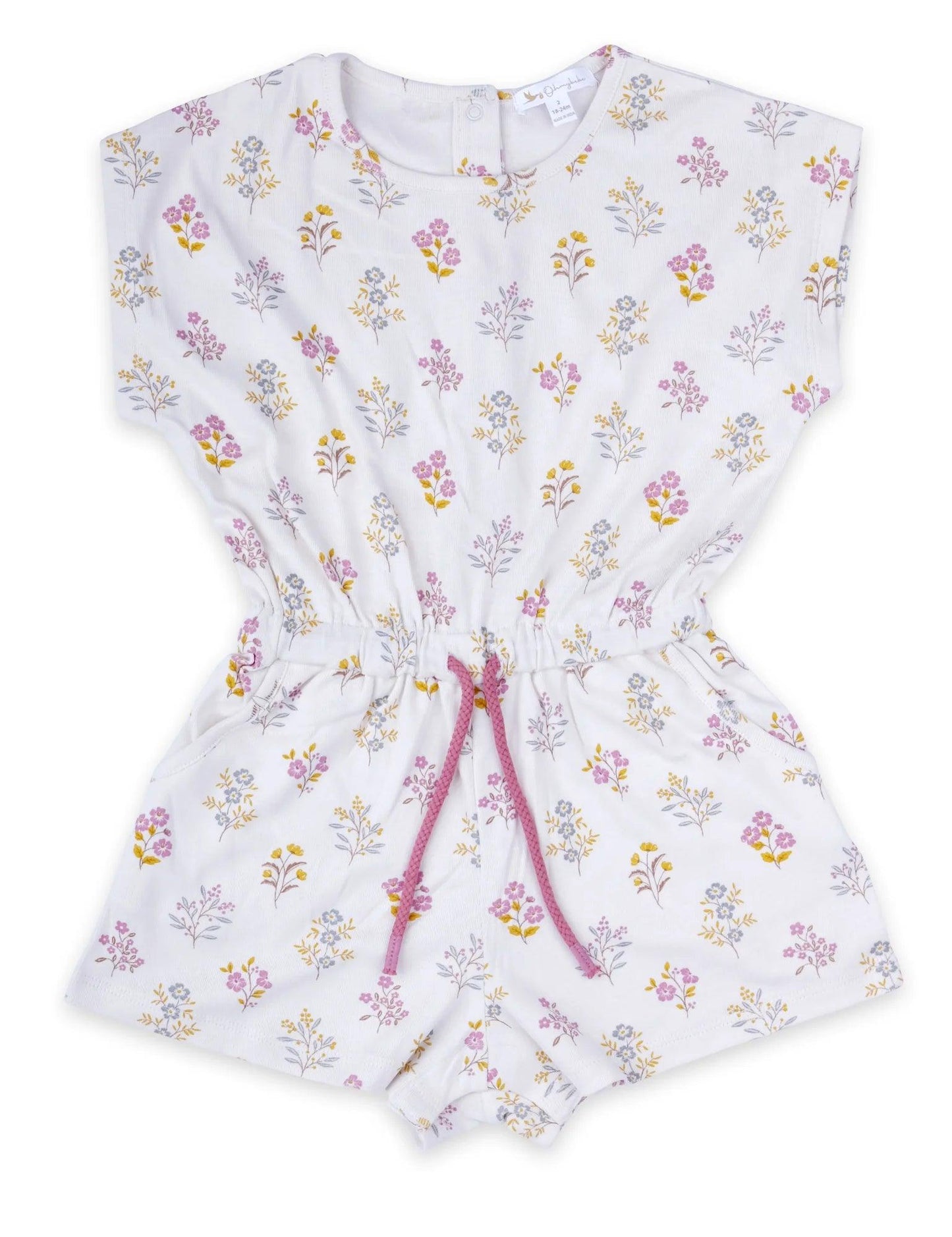 Organic cotton baby romper with pink and yellow floral print and pink drawstring