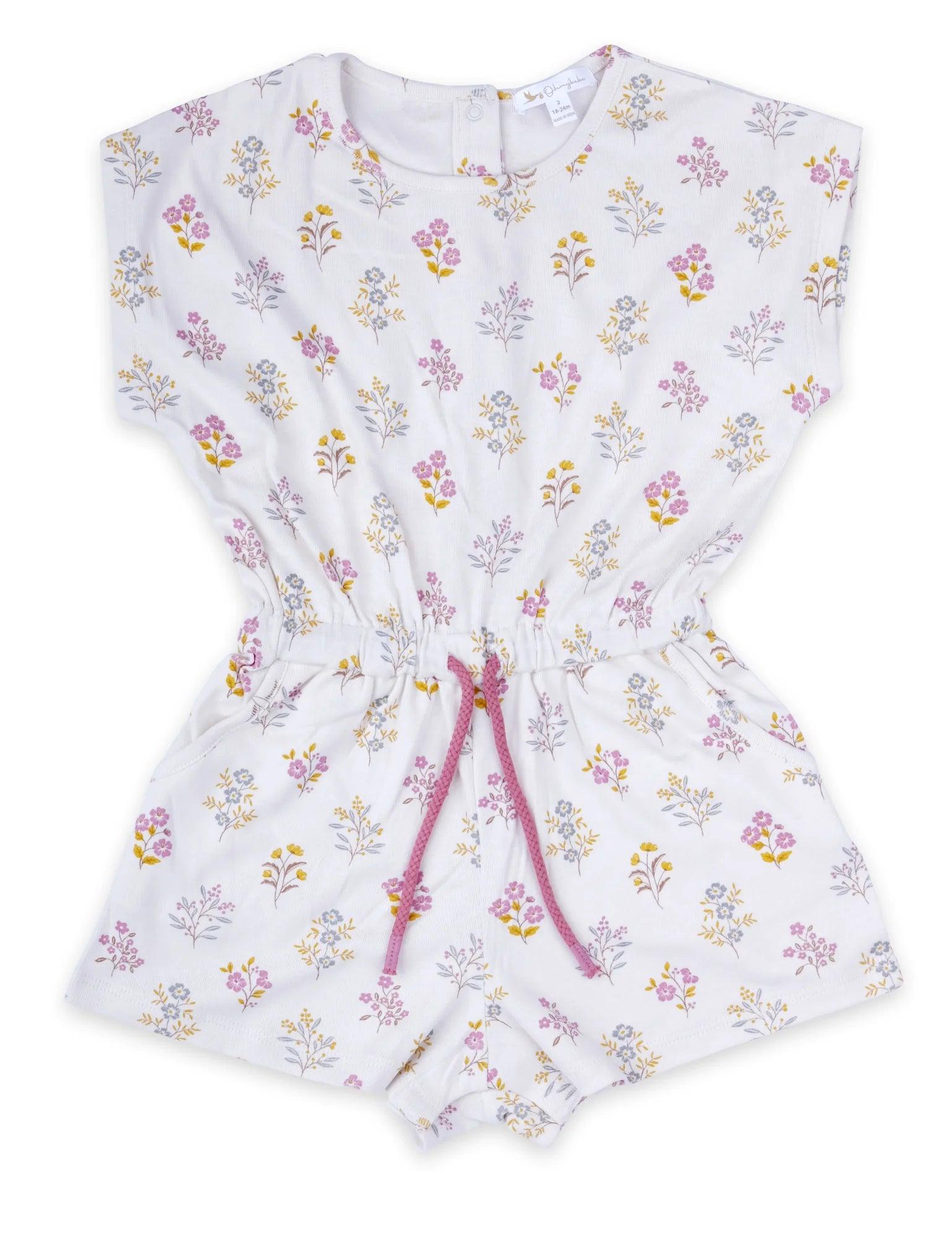 Organic cotton baby romper with pink and yellow floral print and pink drawstring