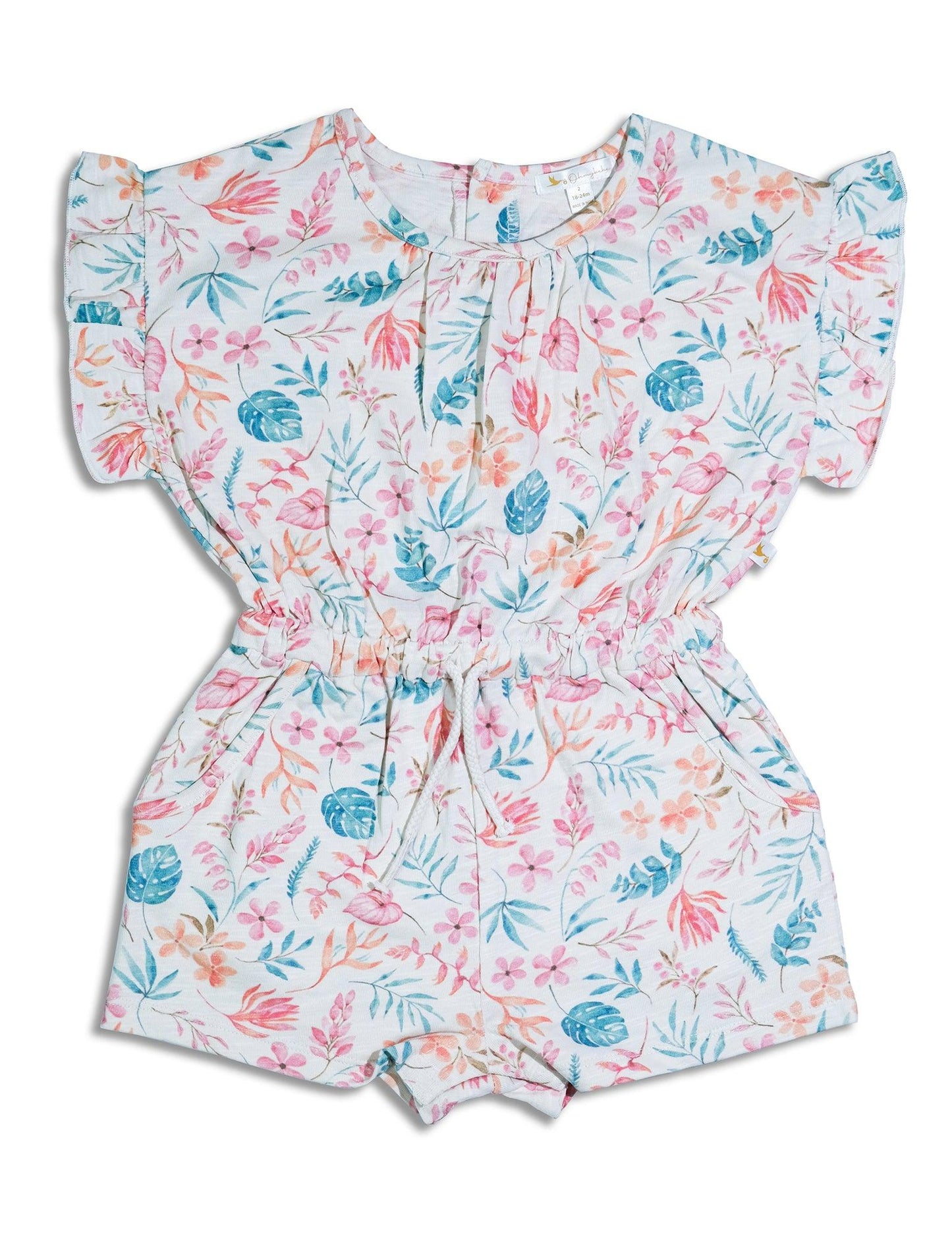 Organic cotton baby romper with colorful floral print and ruffle sleeves