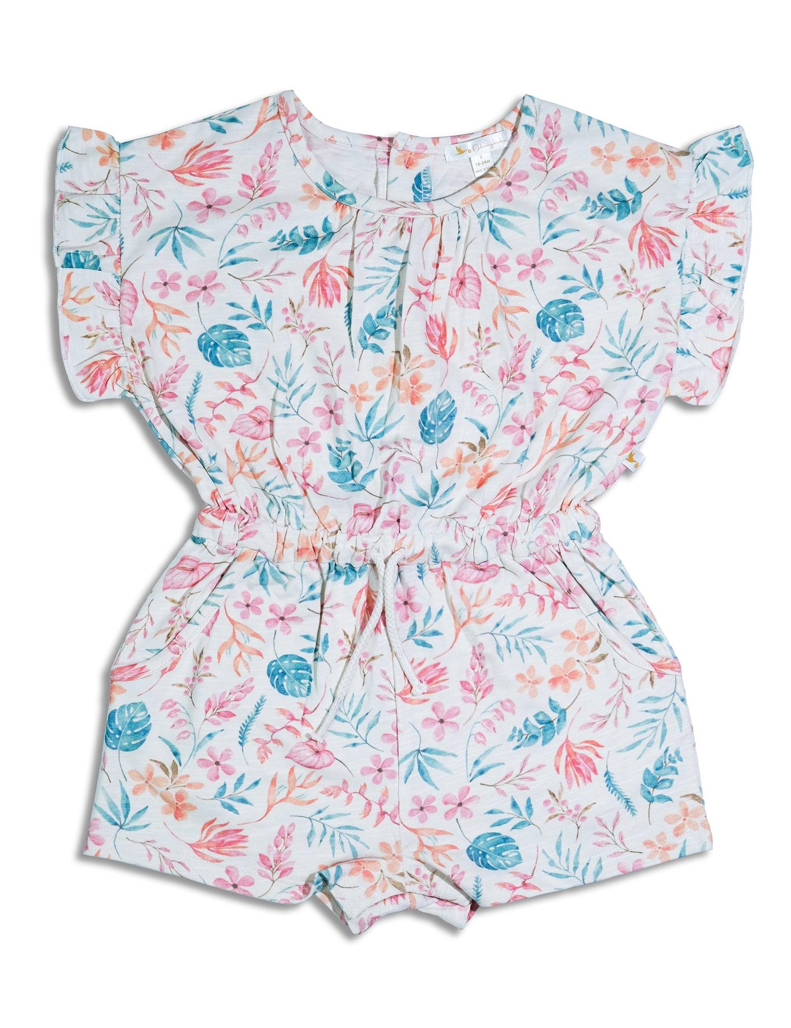 Organic cotton baby romper with colorful floral print and ruffle sleeves