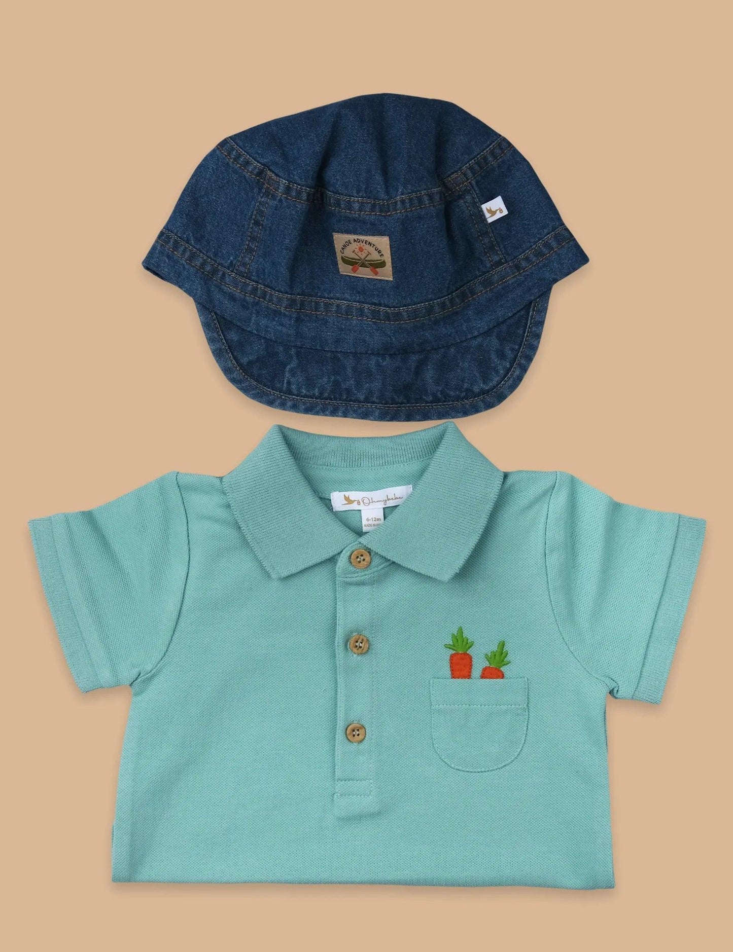 Organic Cotton Mint Polo Growsuit with Denim Cap - 2 Piece Organic Set - ohmybebe
