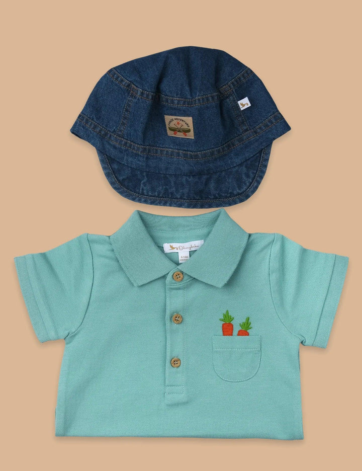 Organic Cotton Mint Polo Growsuit with Denim Cap - 2 Piece Organic Set - ohmybebe
