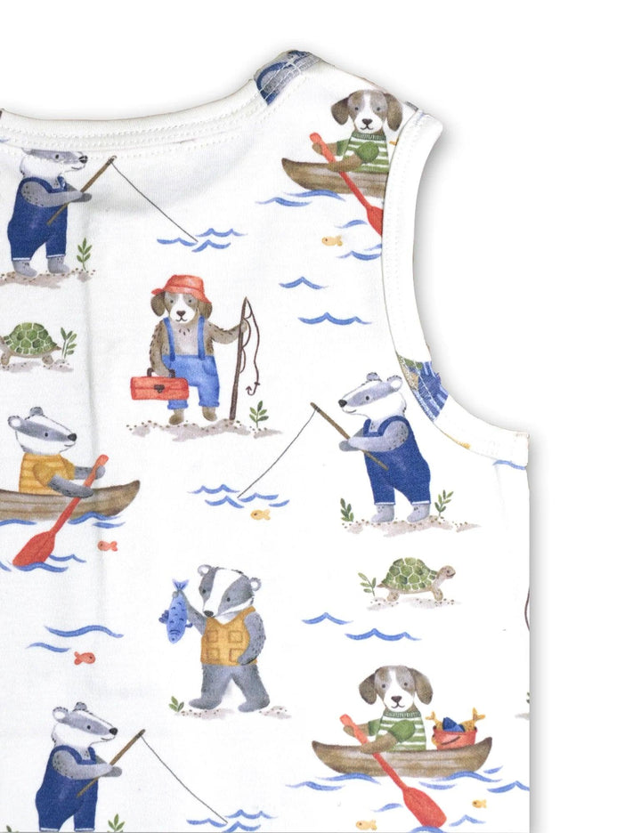  Detailed view of the playful animal fishing and boating print on the 100% organic cotton baby romper.