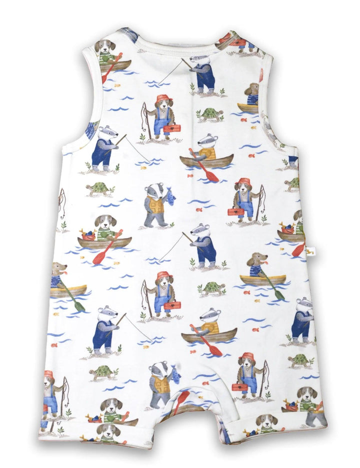 Detailed view of the playful animal fishing and boating print on the 100% organic cotton baby romper. Shop unique organic baby clothes India.