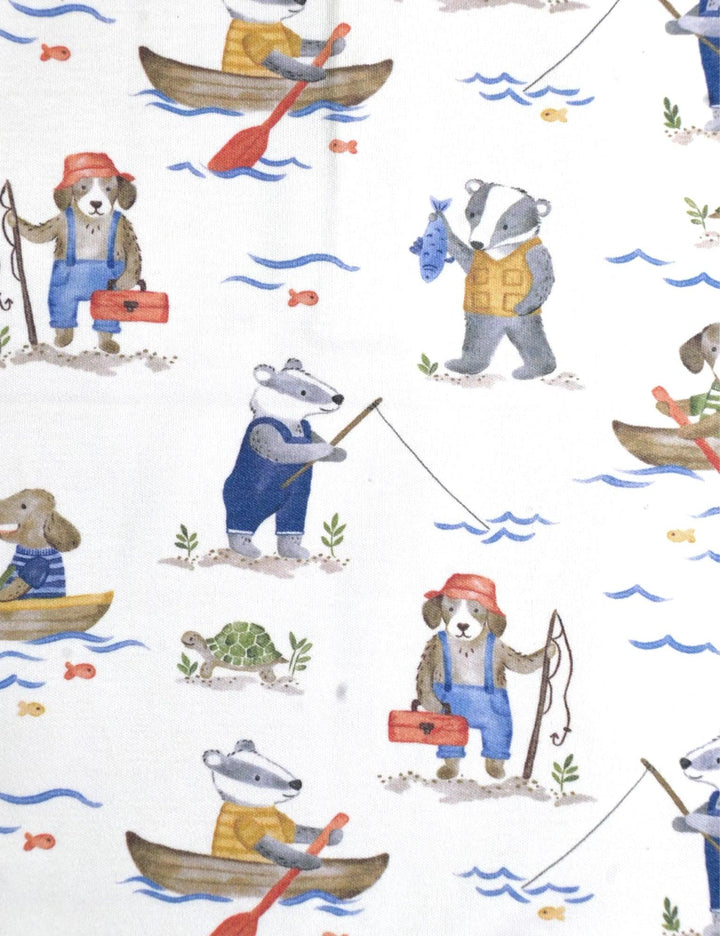 Sleeveless 100% organic cotton baby romper with a delightful animal fishing and boating print. Soft and breathable for baby's comfort. Buy now India.