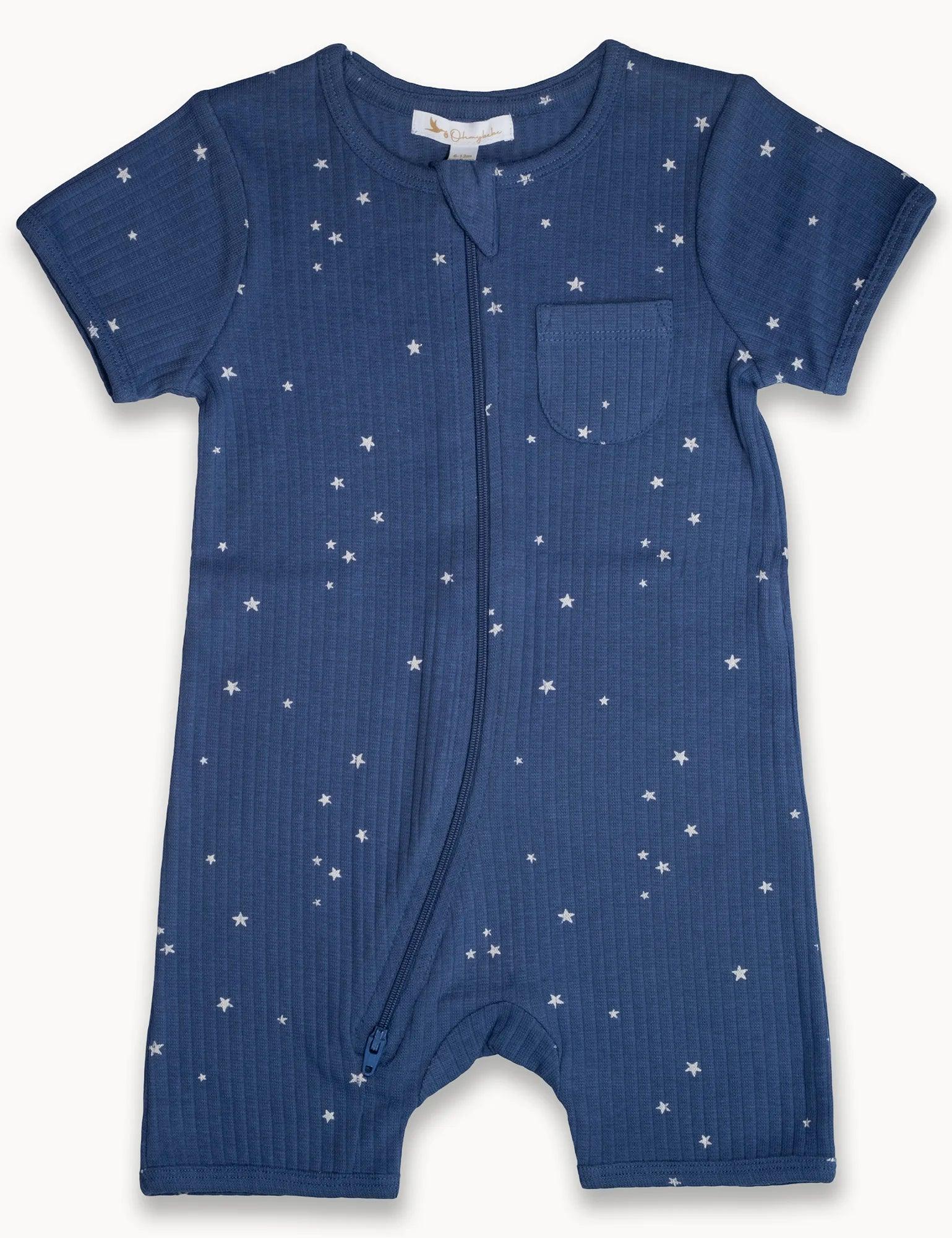 Blue organic cotton baby romper with white star pattern and front zipper closure