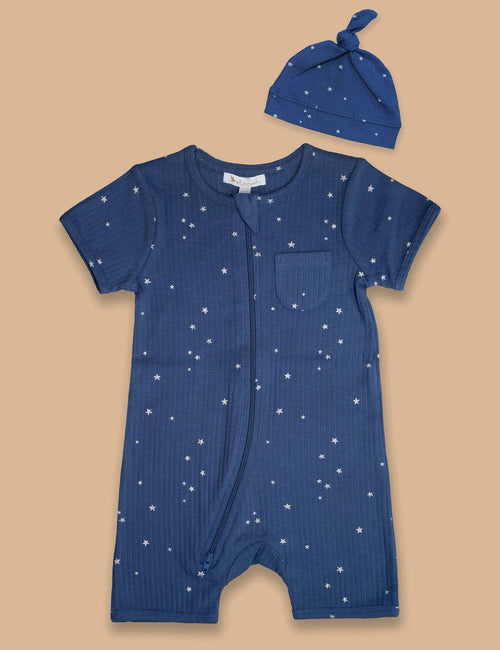 Organic Zip Romper & Hat Set – Twinkle Star Bluestone