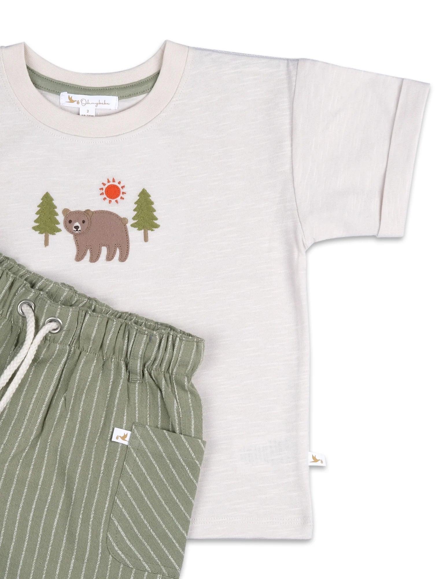 Organic cotton baby outfit with cream bear print t-shirt and green striped shorts
